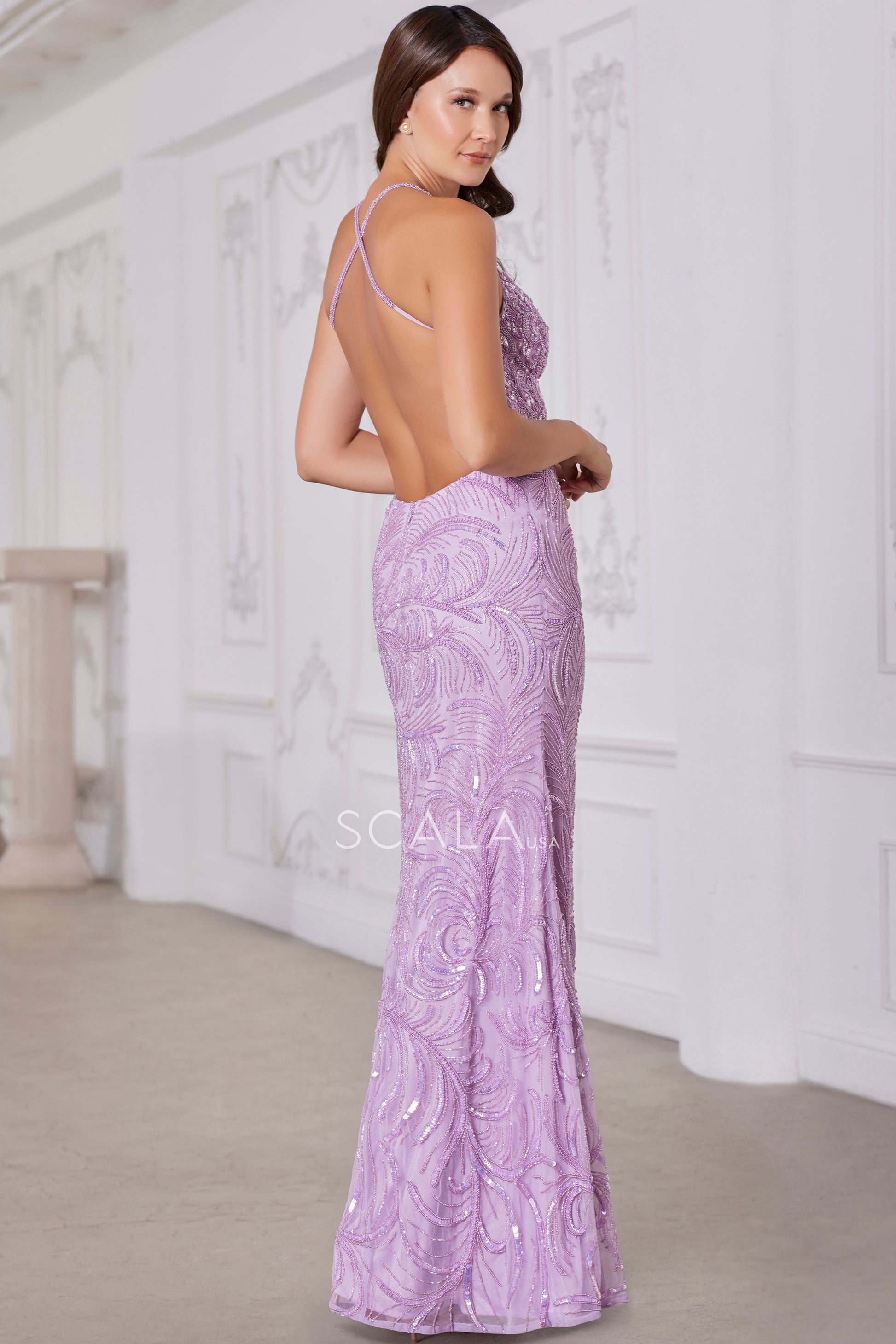 Scala 80113 Long Fitted Slit Sequin Formal Evening Dress