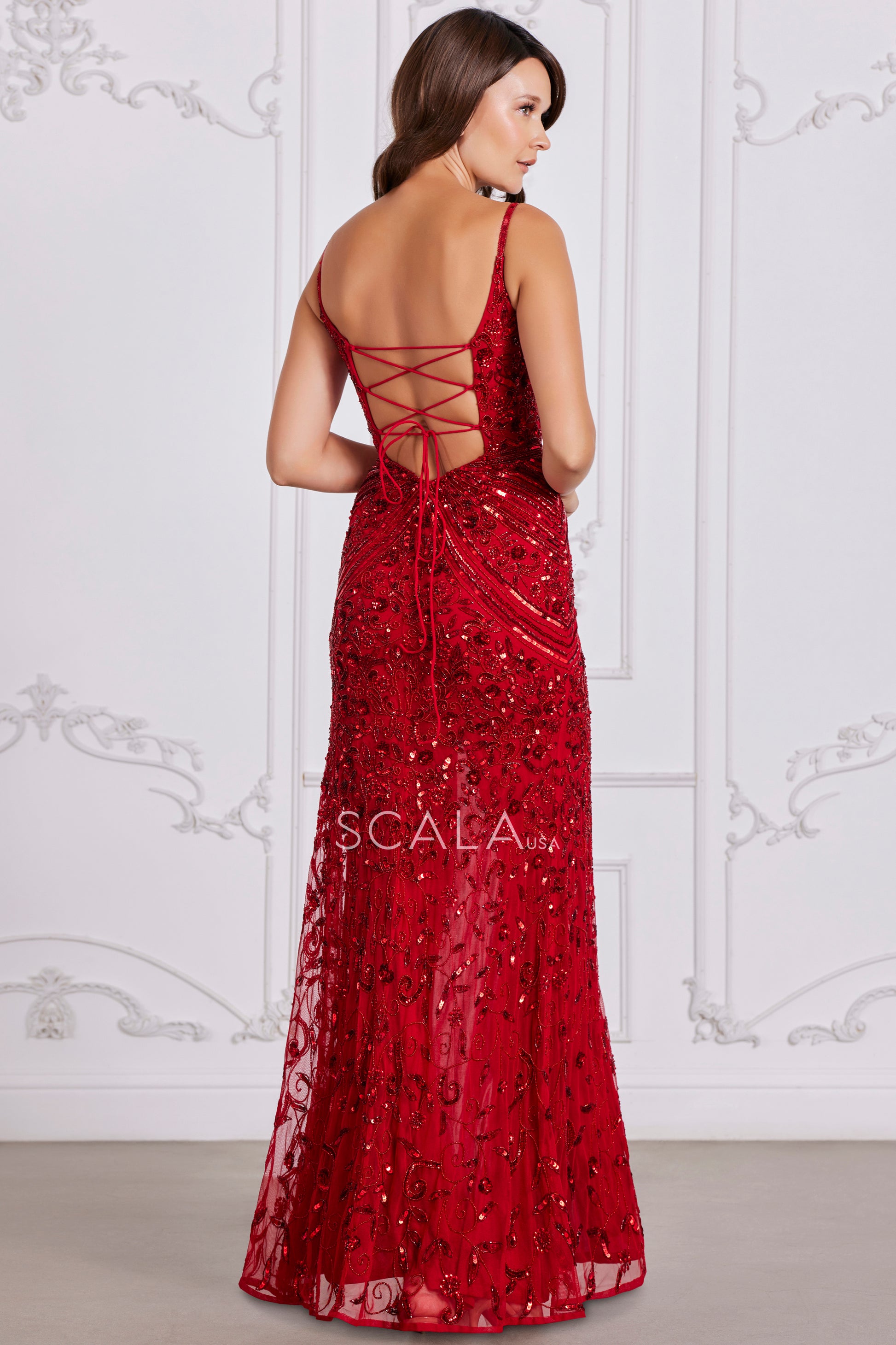 Scala 80104 Prom Long Beaded Floral Sequin Formal Dress