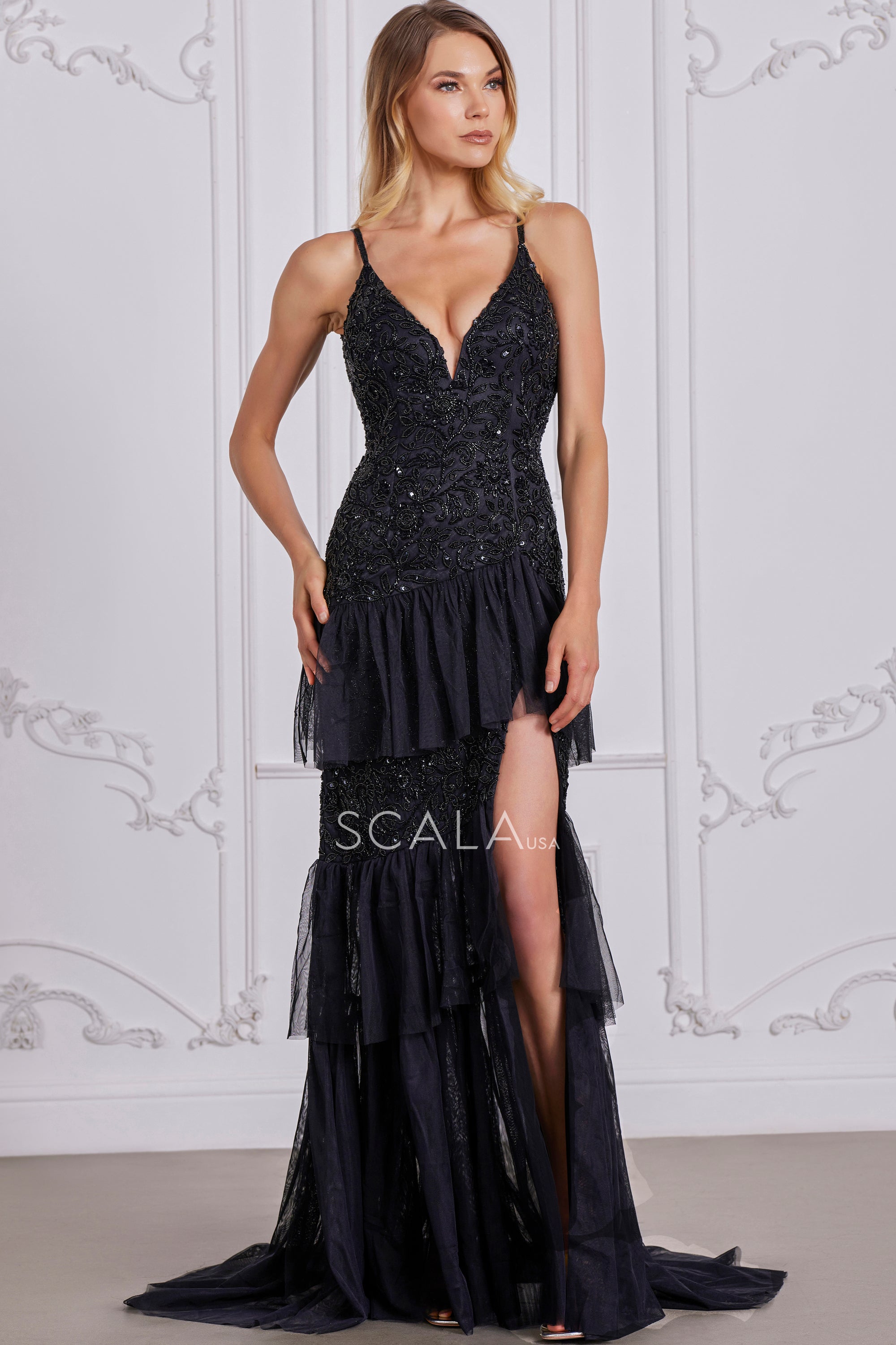 Prom Dresses Prom Long Beaded Lace Applique Ruffle Formal Dress Black