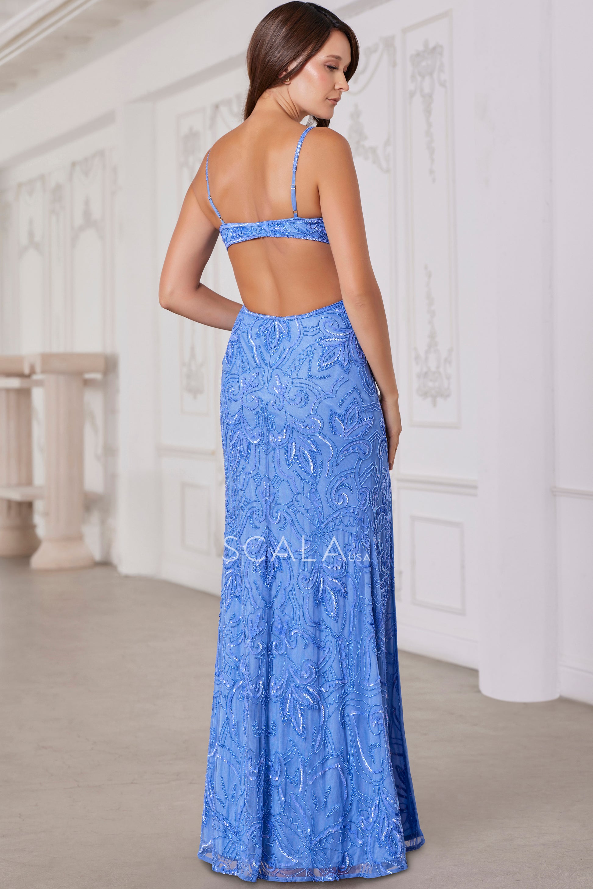 Scala 80119 Long Fitted Slit Beaded Formal Evening Prom Dress
