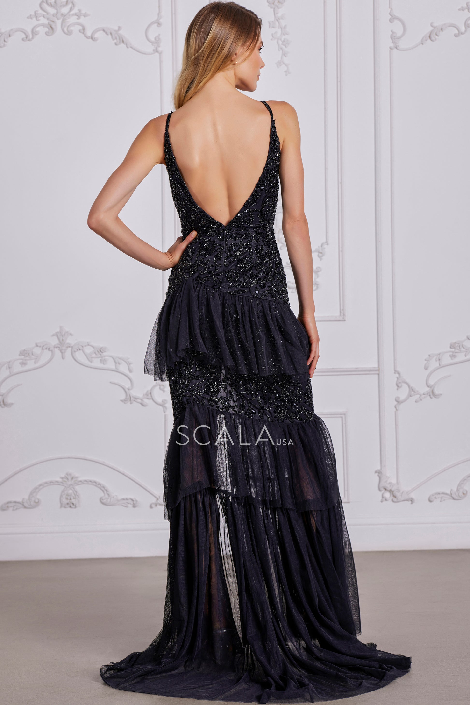 Scala 80118 Prom Long Beaded Lace Applique Ruffle Formal Dress