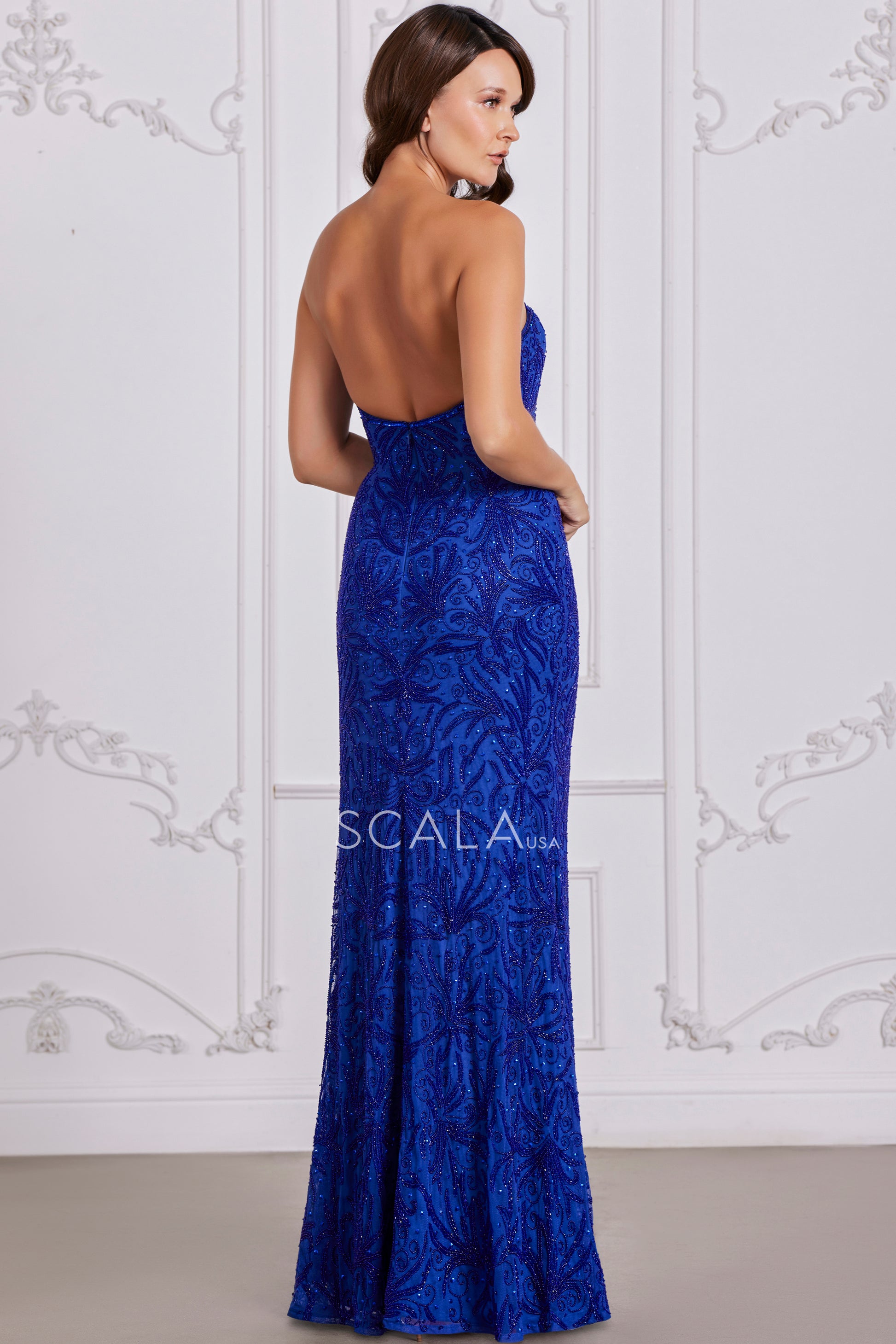 Scala 80109 Prom Long Fitted Slit Formal Beaded Evening Dress