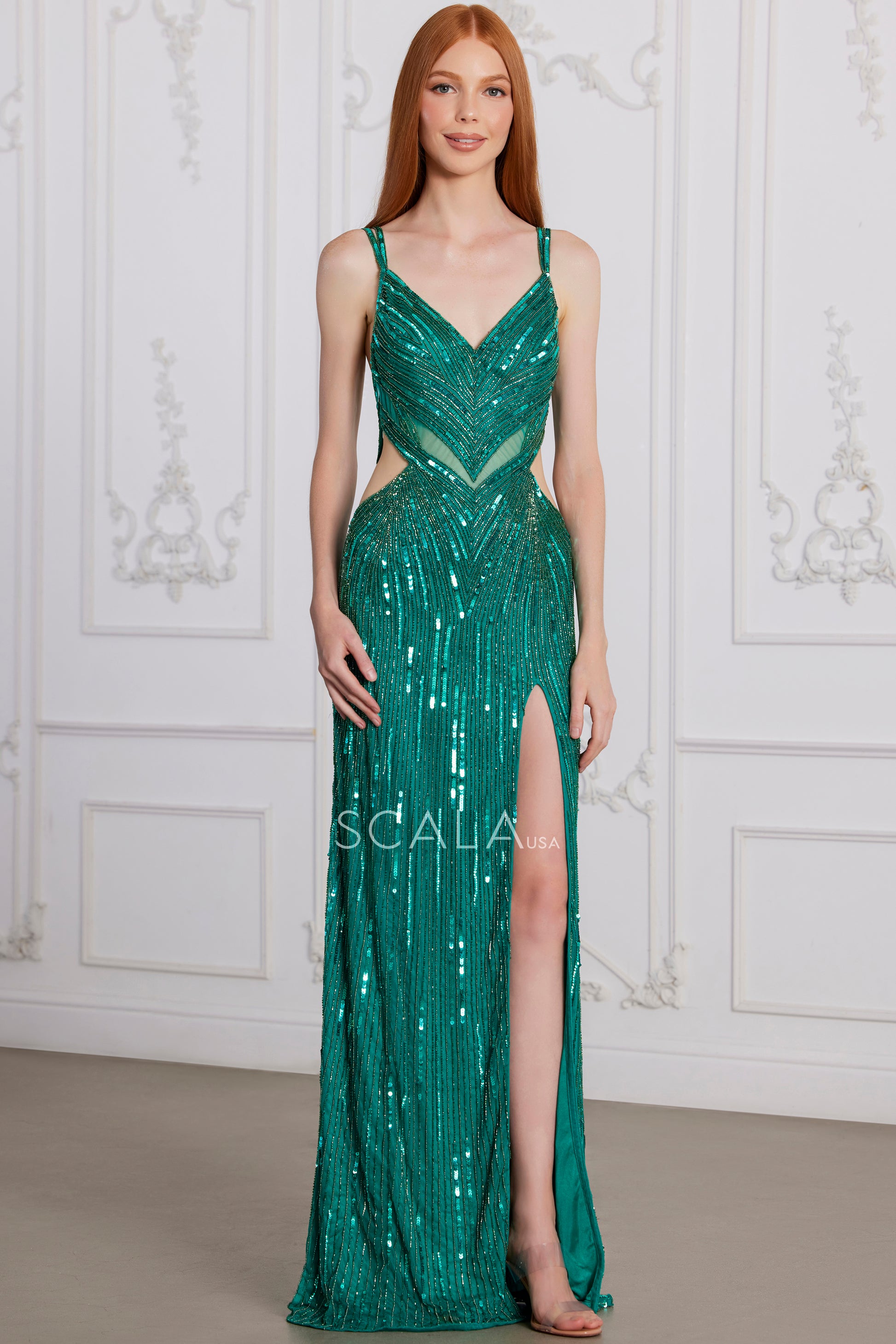 Scala 80139 Long Beaded Formal Slit Prom Dress