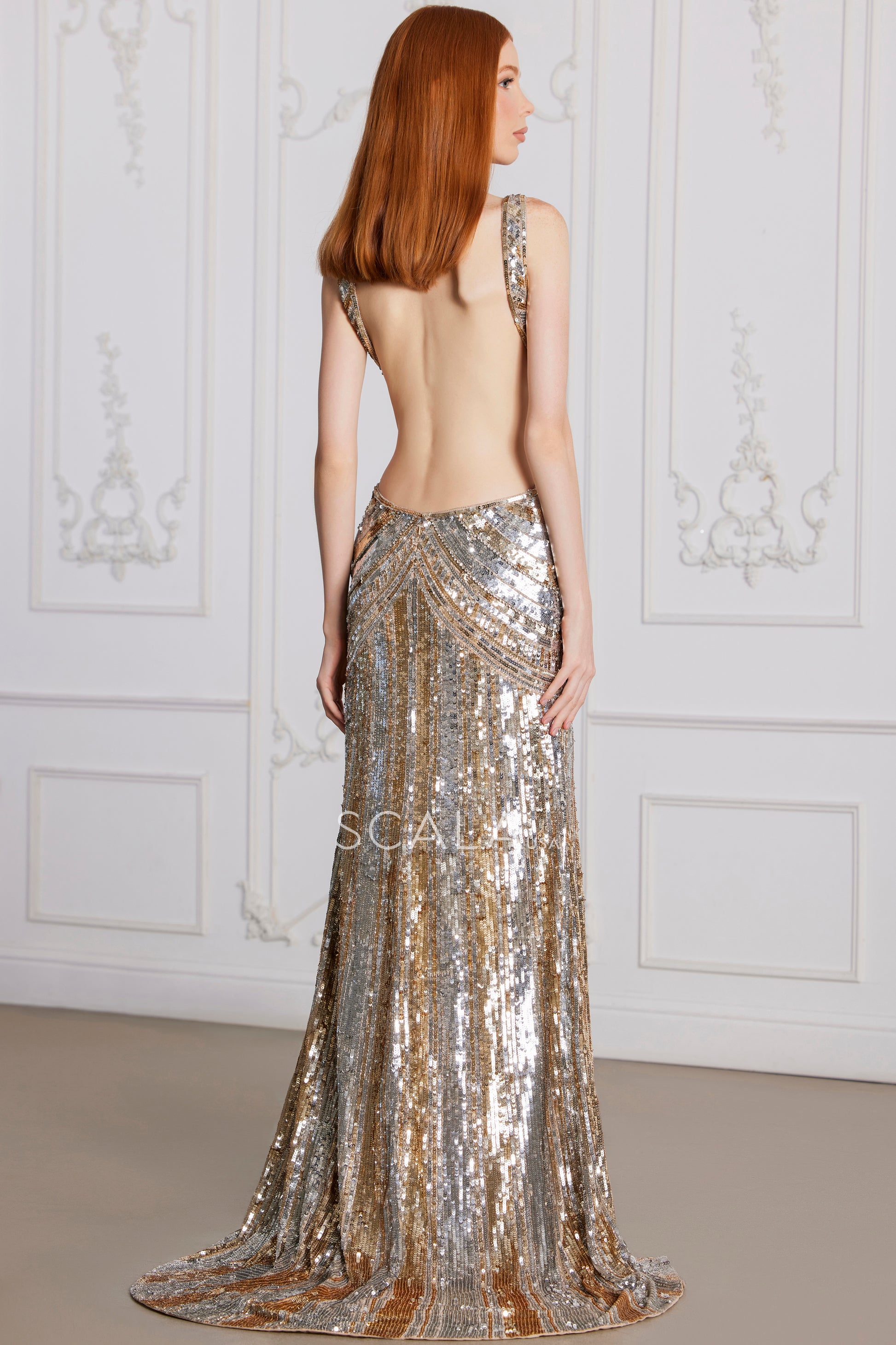 Scala 80111 Prom Fitted Long Formal Striped Sequin Evening Dress