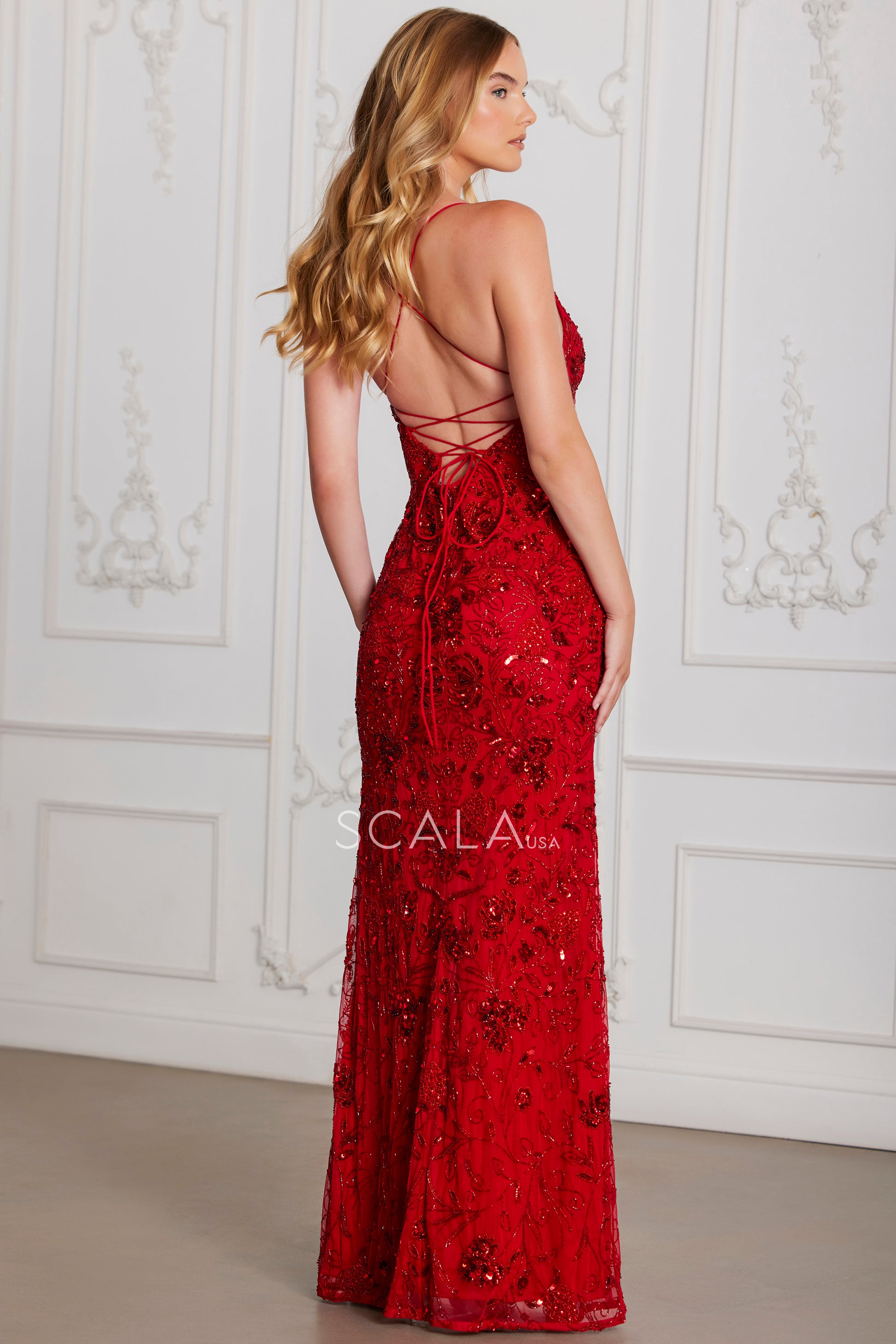 Scala 80107 Long Formal Beaded Sequin Evening Dress