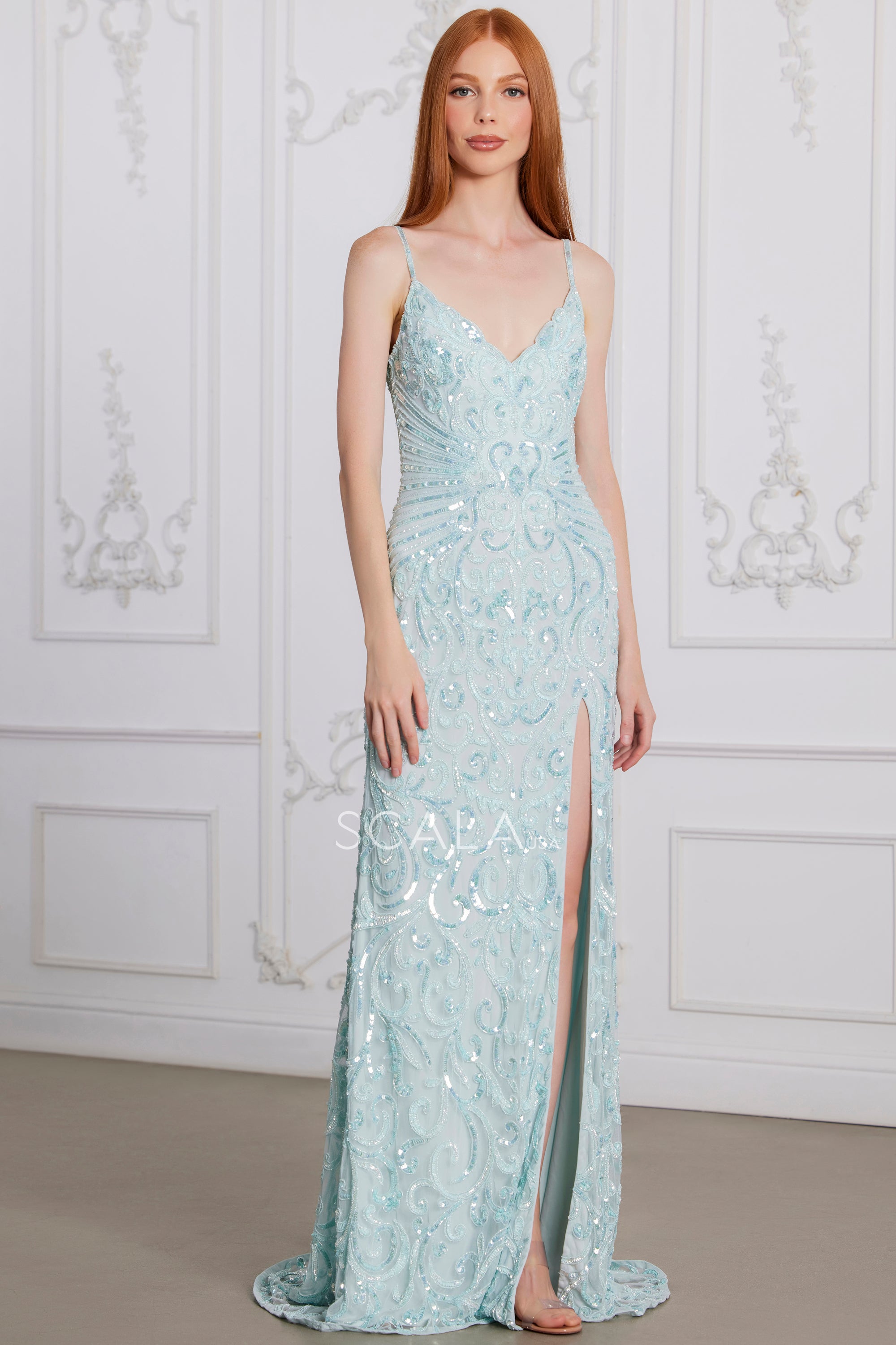 Scala 80129 Prom Long Sequin Formal Beaded Evening Dress