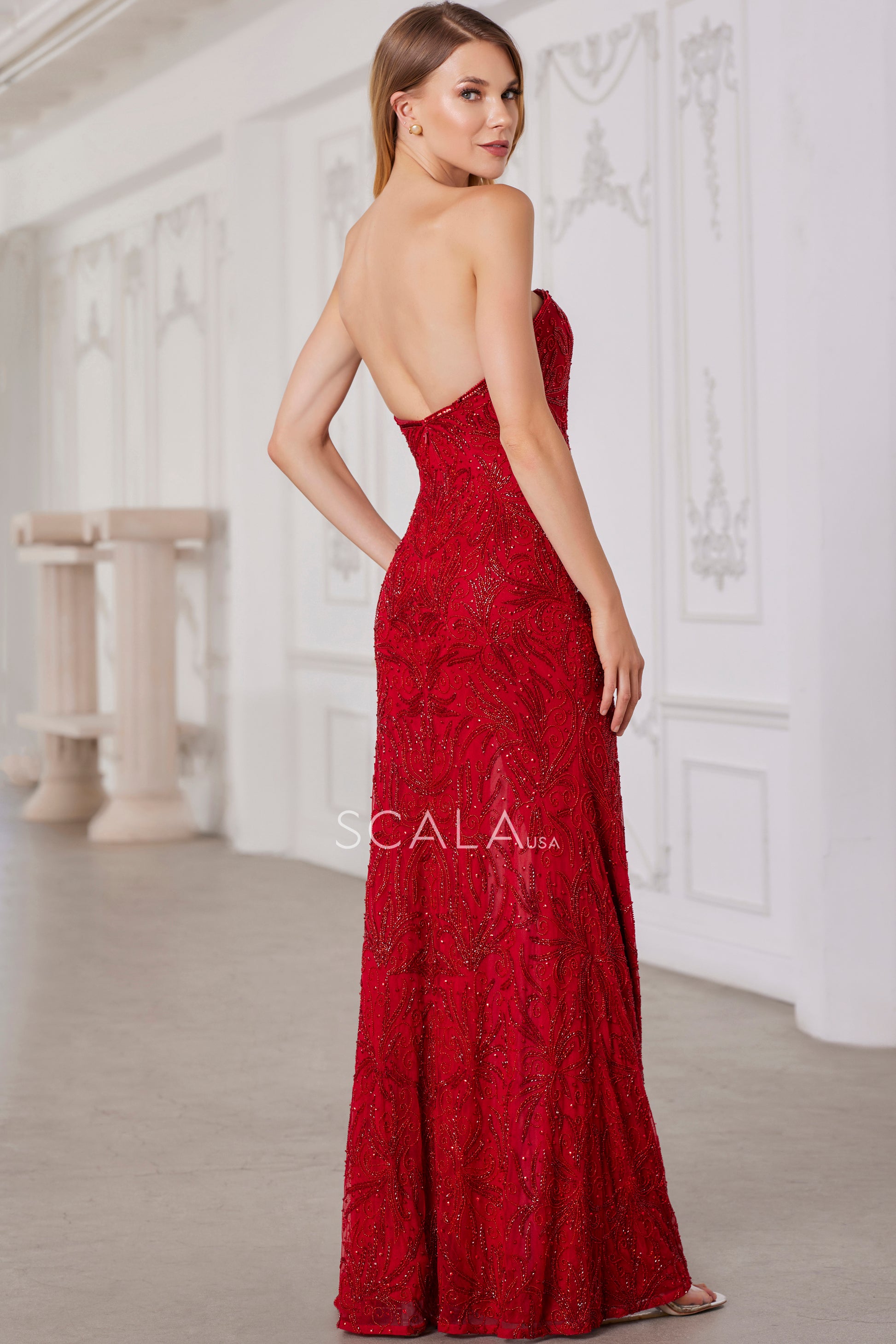 Scala 80109 Prom Long Fitted Slit Formal Beaded Evening Dress