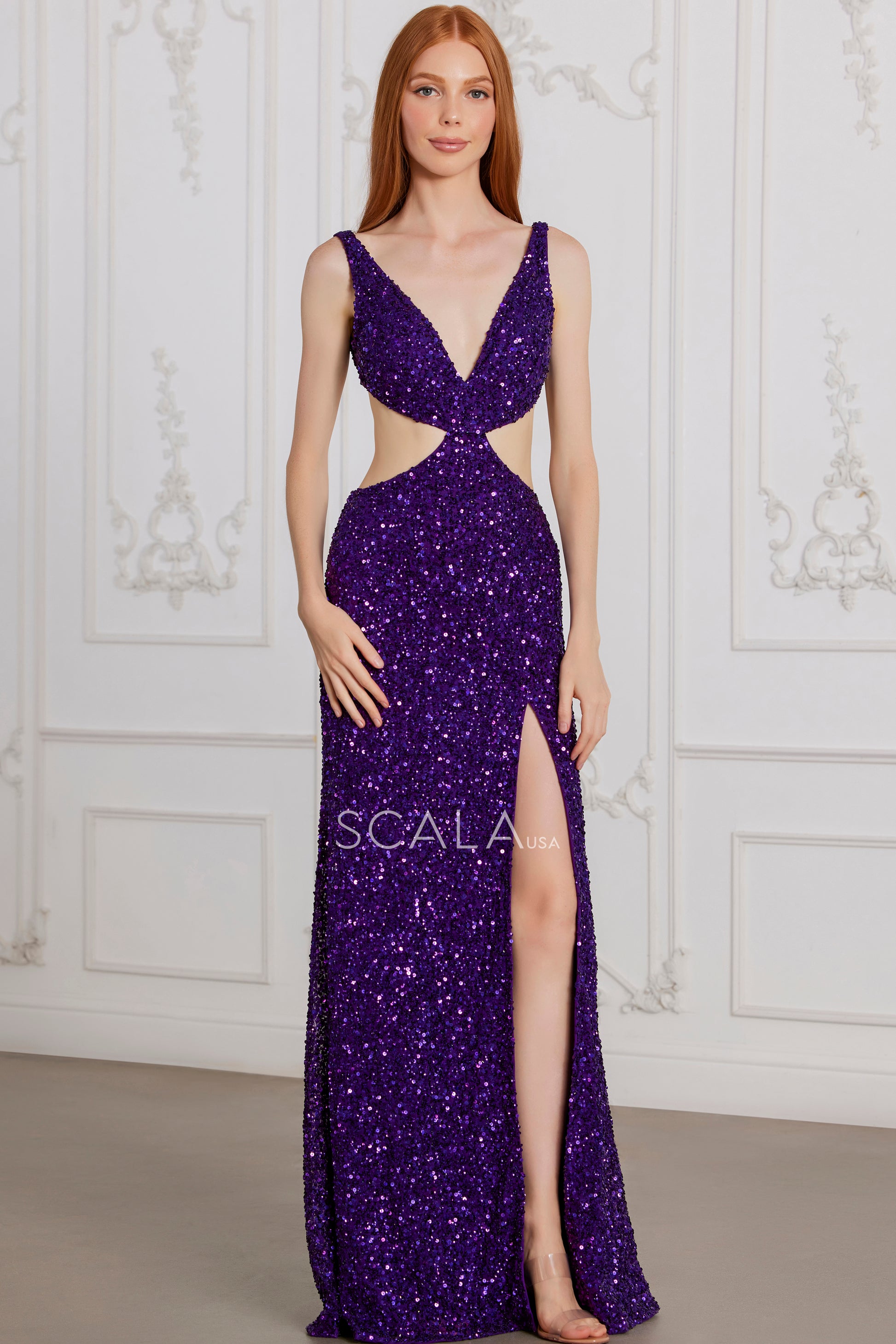 Scala 80154 Prom Long Slit Formal Sequin Evening Dress