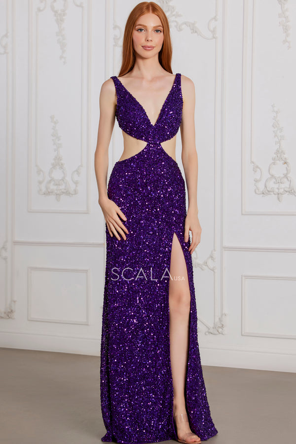 Scala 80154 Prom Long Slit Formal Sequin Evening Dress