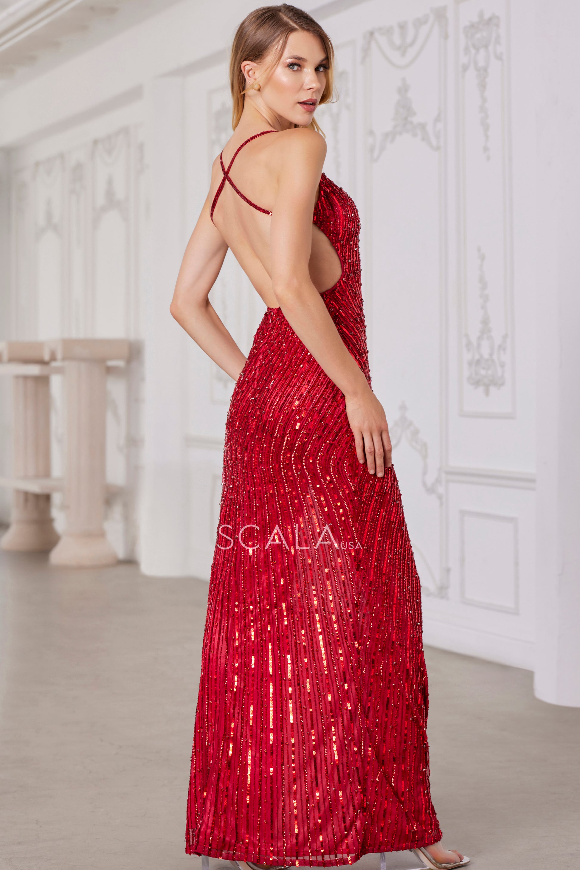 Scala 80136 Prom Long Fitted Slit Sequined Formal Dress