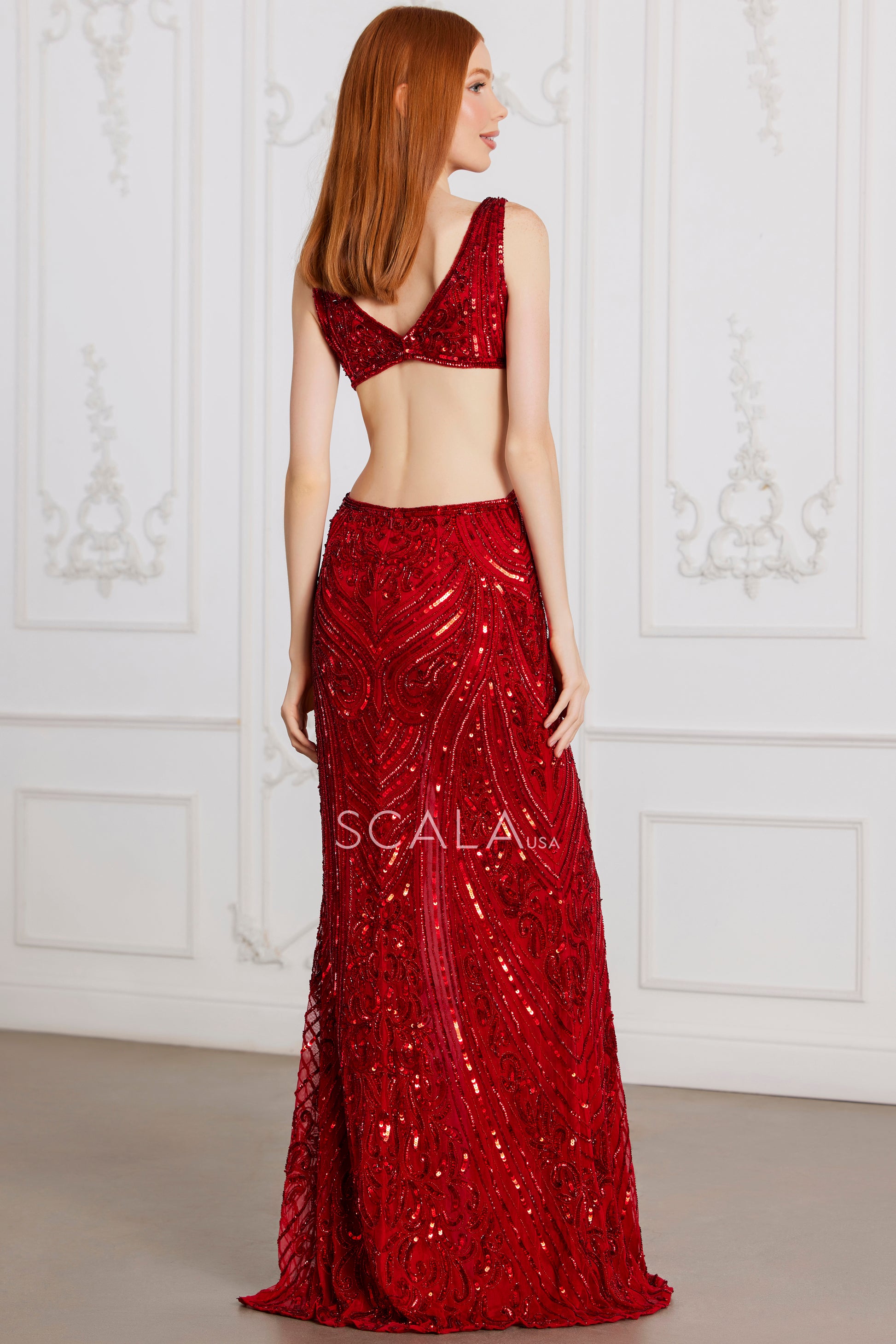 Scala 80103 Slit Long Formal Sequin Prom Dress
