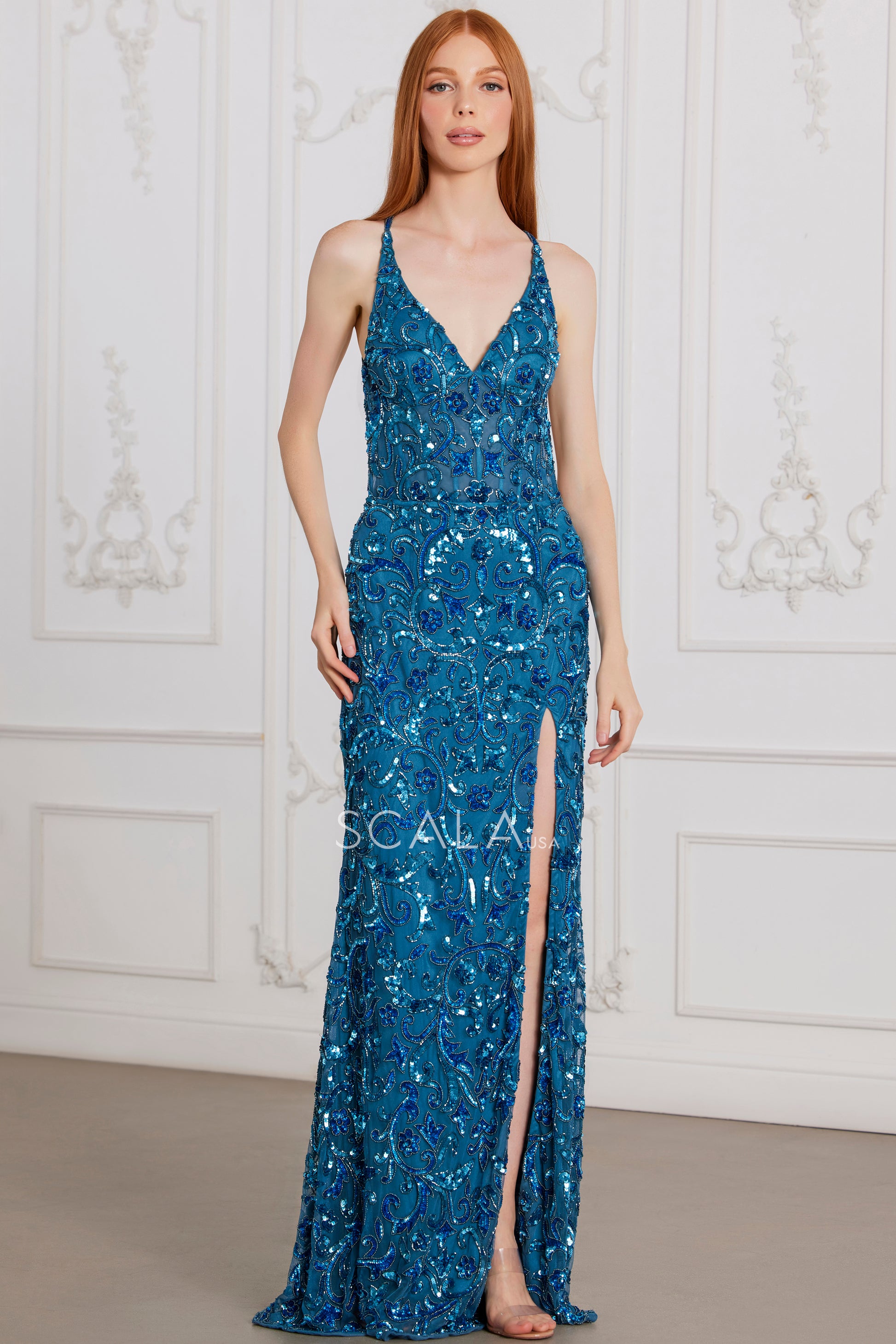 Scala 80120 Long Formal Sequin Corset Evening Prom Dress