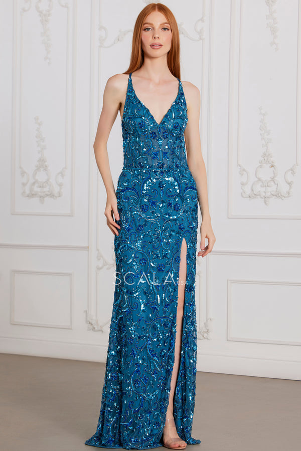 Scala 80120 Long Formal Sequin Corset Evening Prom Dress