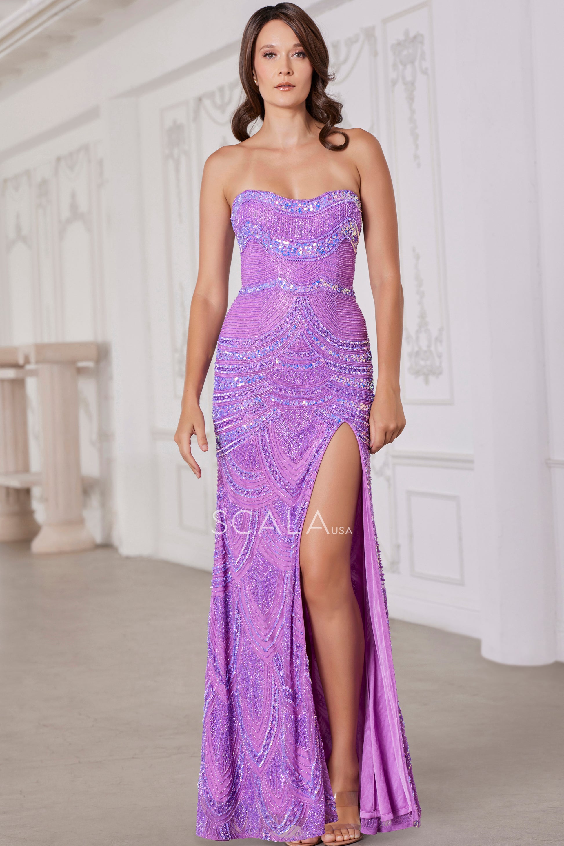 Scala 80145 Fitted Slit Formal Long Sequin Evening Prom Dress