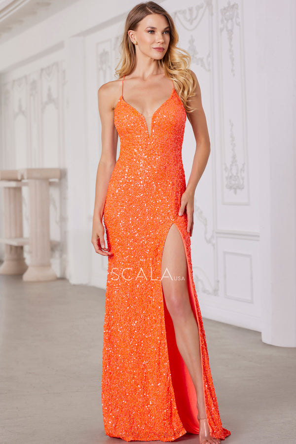 Scala 80158 Fitted Prom Long Formal Slit Sequined Prom Dress