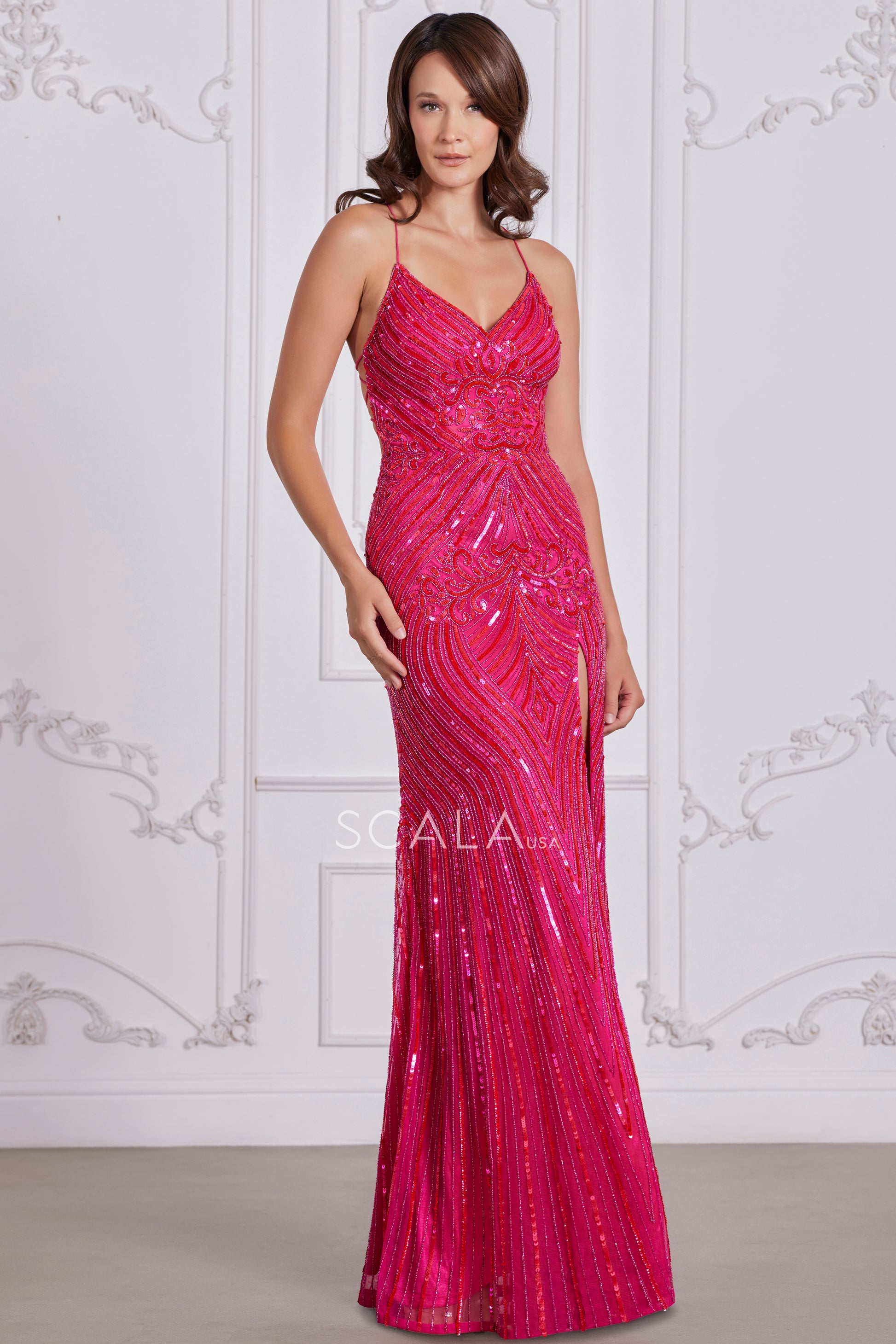 Scala 80108 Fitted Prom Formal Long Beaded Sequin Evening Dress
