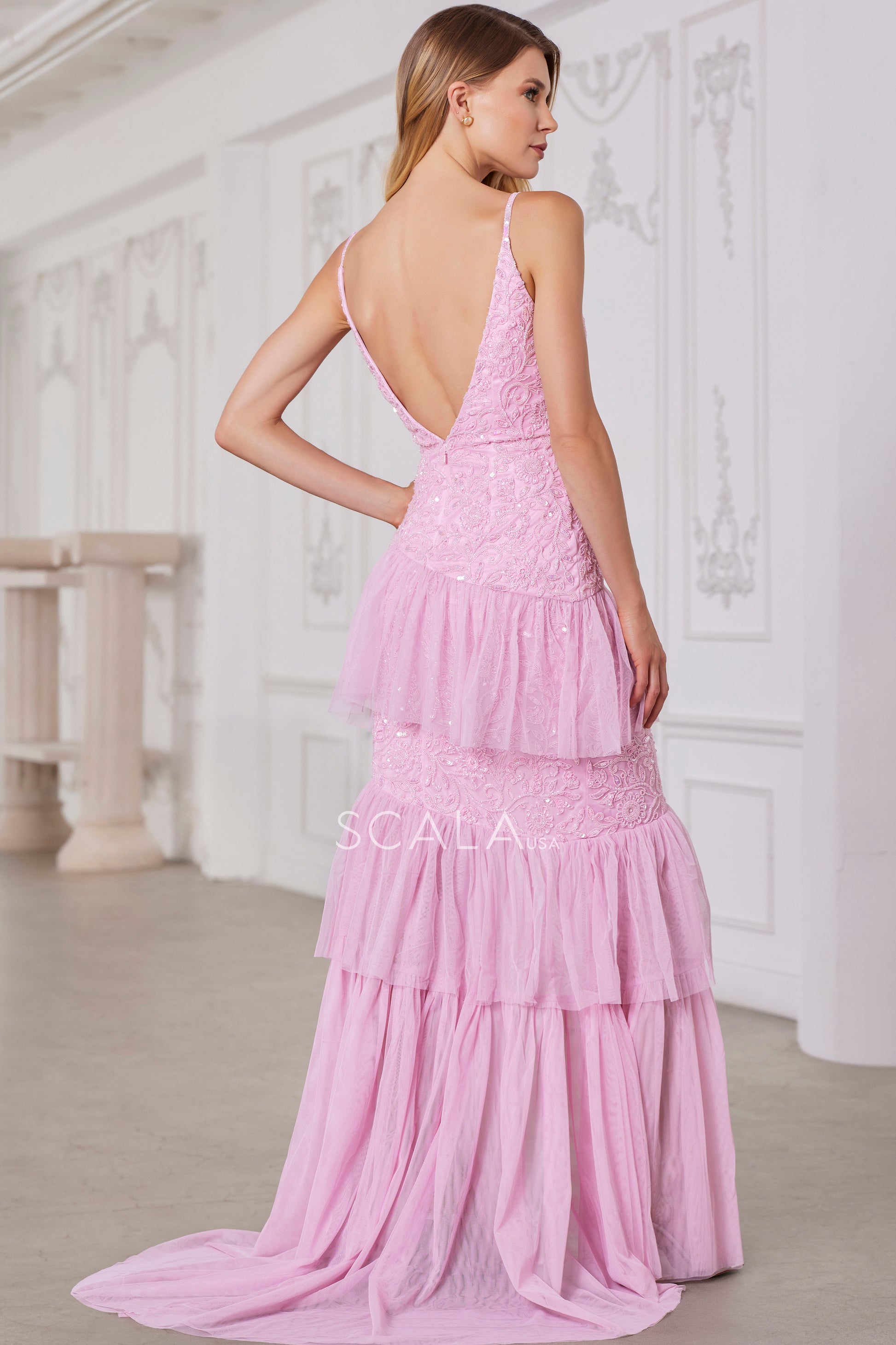 Scala 80118 Prom Long Beaded Lace Applique Ruffle Formal Dress