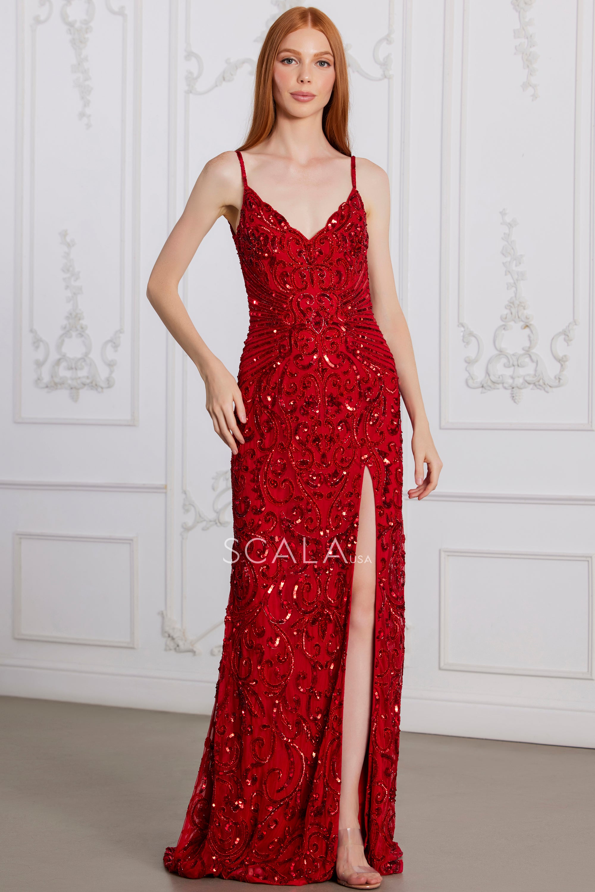 Scala 80129 Prom Long Sequin Formal Beaded Evening Dress - Mint Blue / 18 Scala 80129 Prom Long Sequin Formal Beaded Evening Dress - Mint Blue / 18