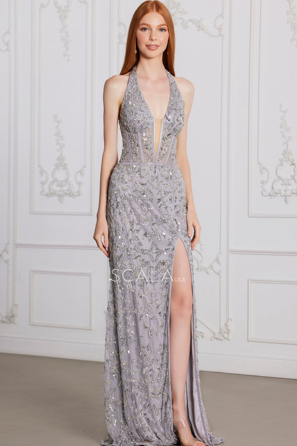 Scala 80121 Prom Beaded Long Formal Slit Evening Dress