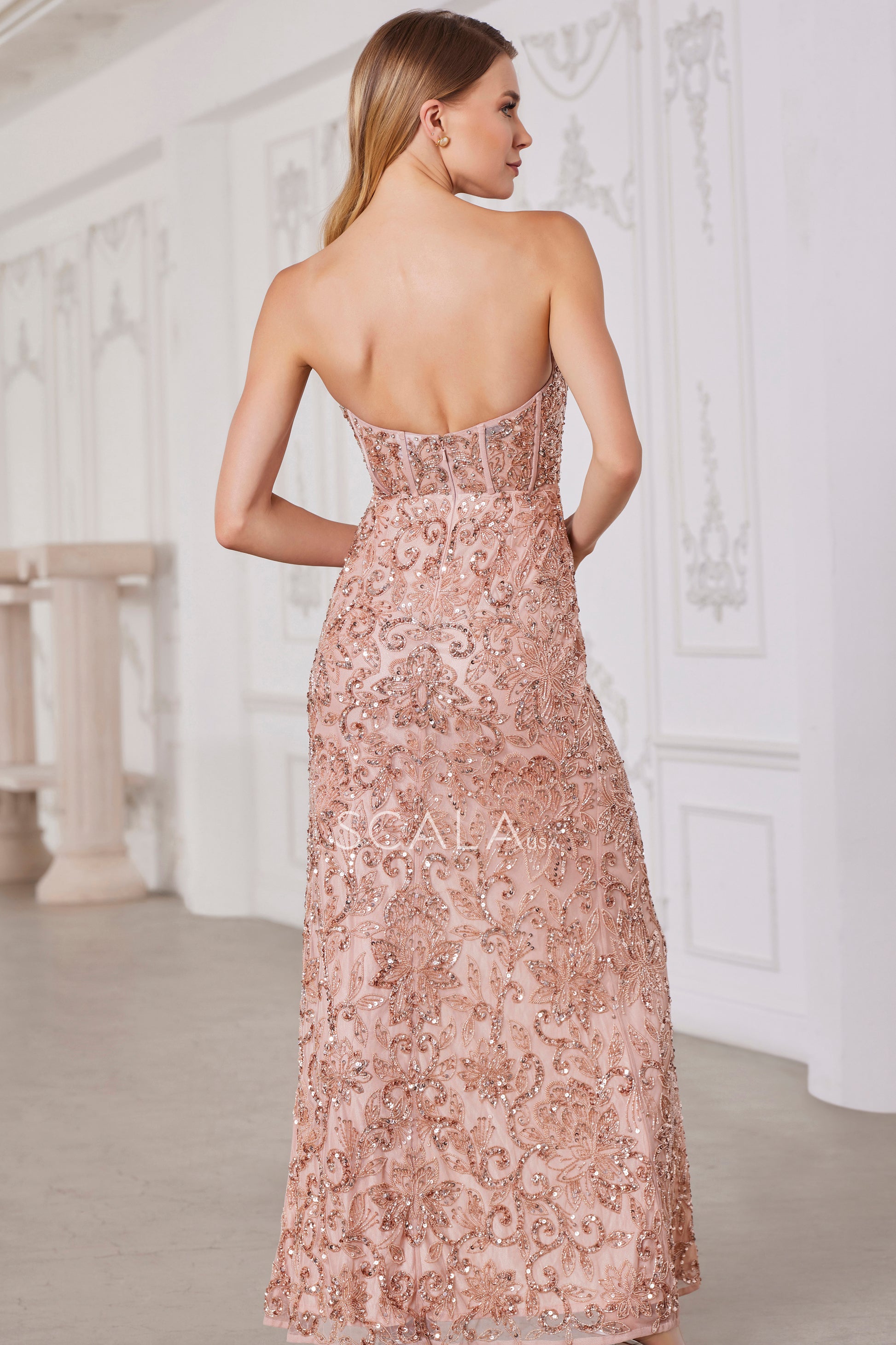 Scala 80140 Prom Beaded Sequin Long Formal Corset Dress