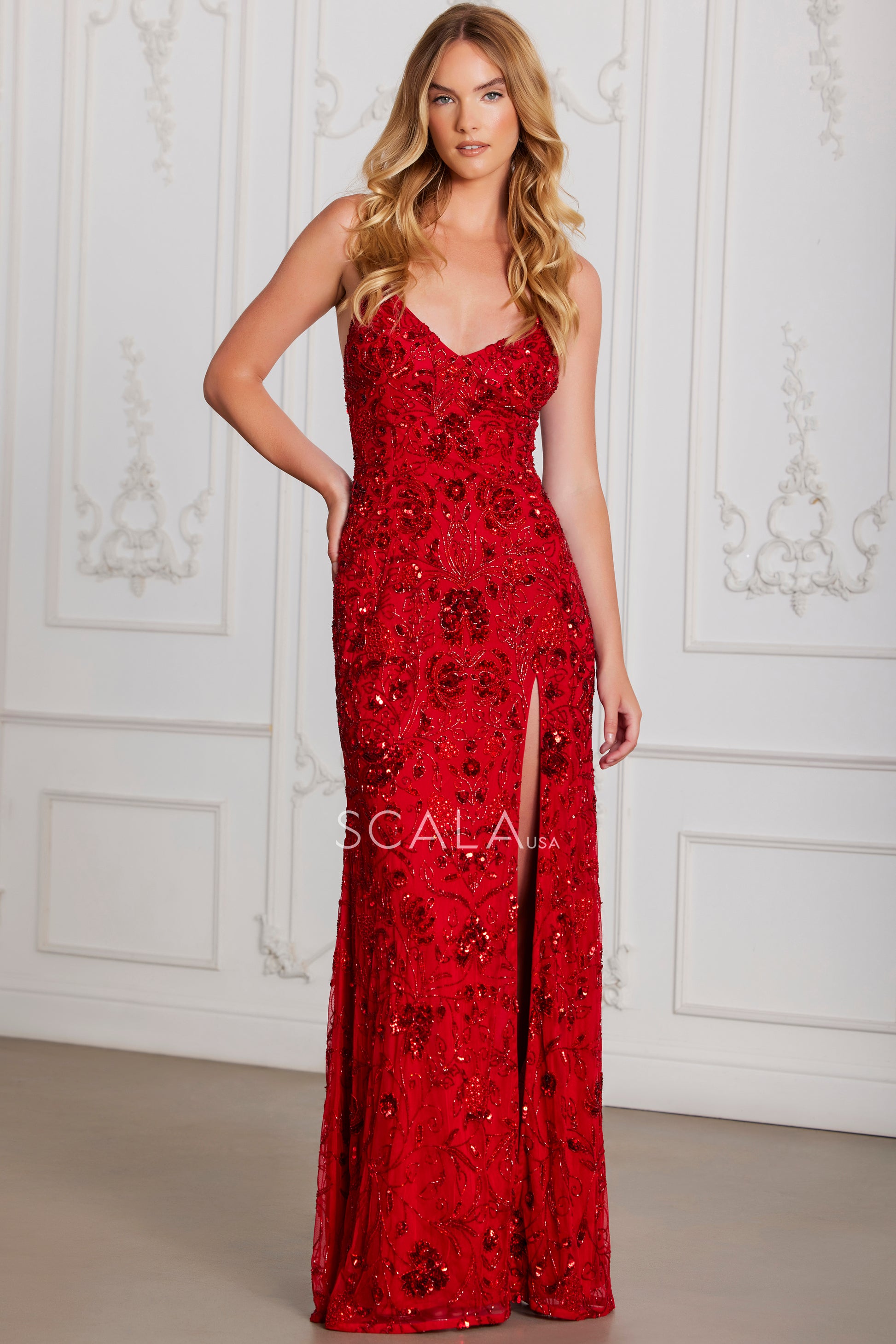 Scala 80107 Long Formal Beaded Sequin Evening Dress