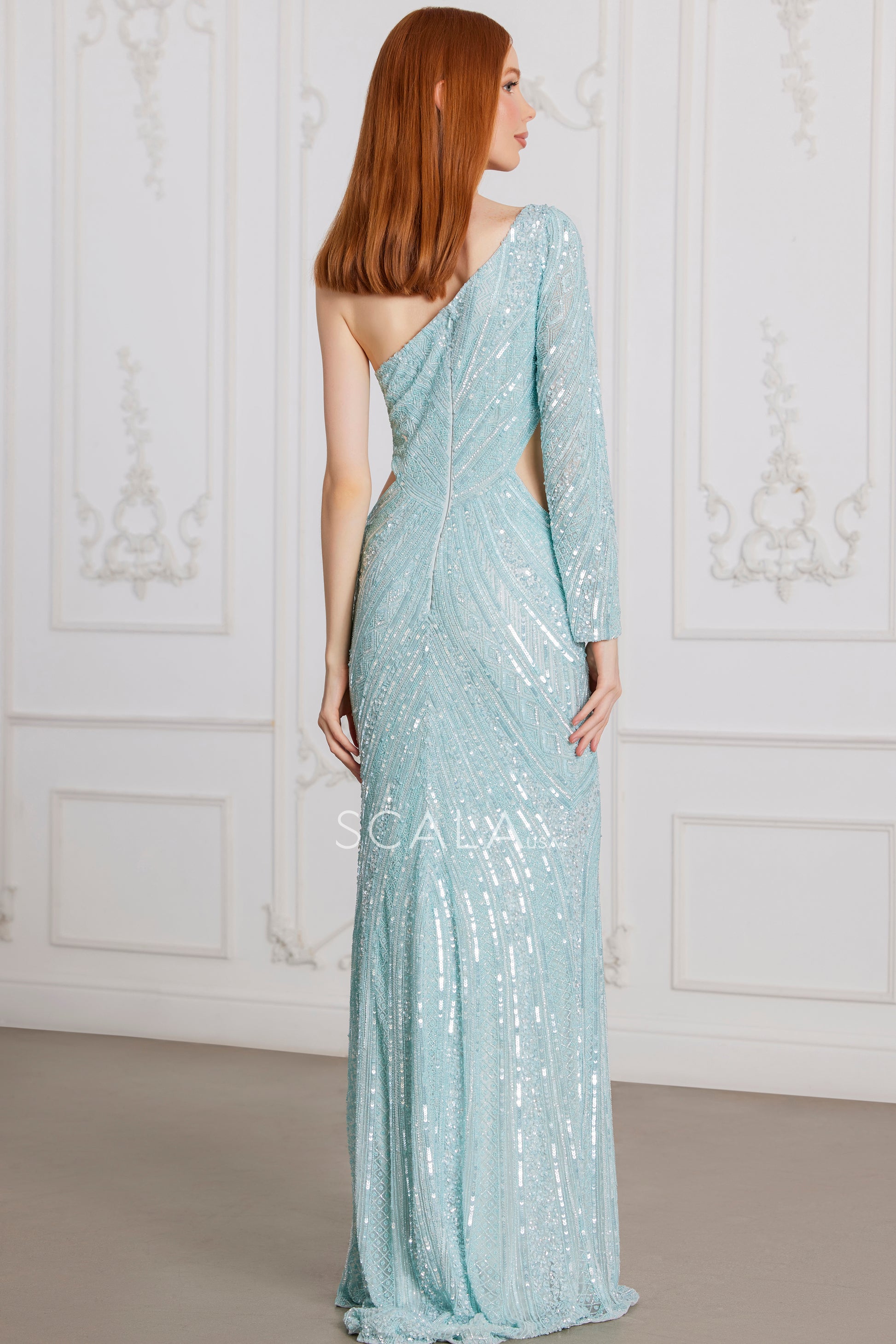 Scala 80138 Fitted Long Formal Slit Sequin Prom Dress