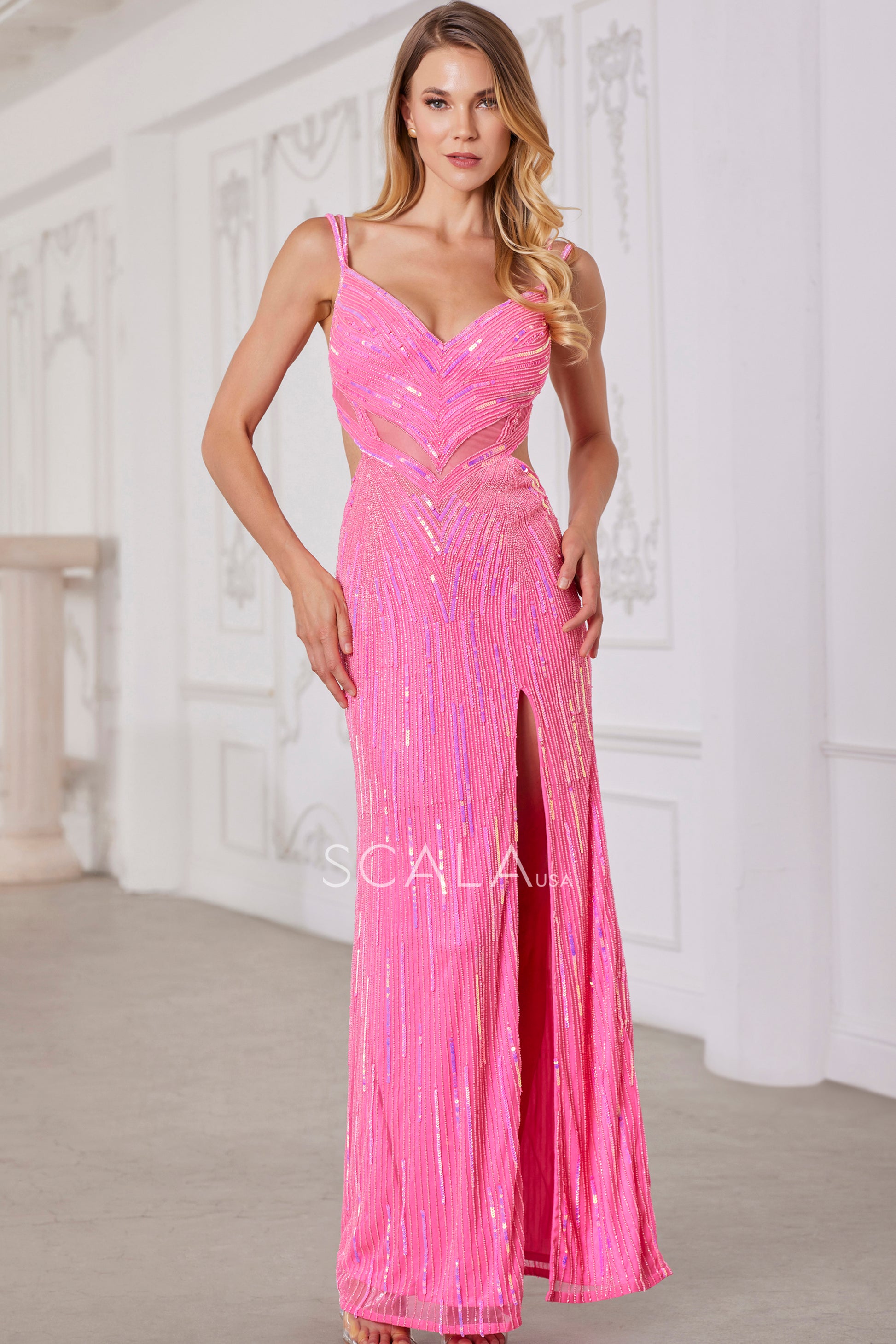 Scala 80139 Long Beaded Formal Slit Prom Dress