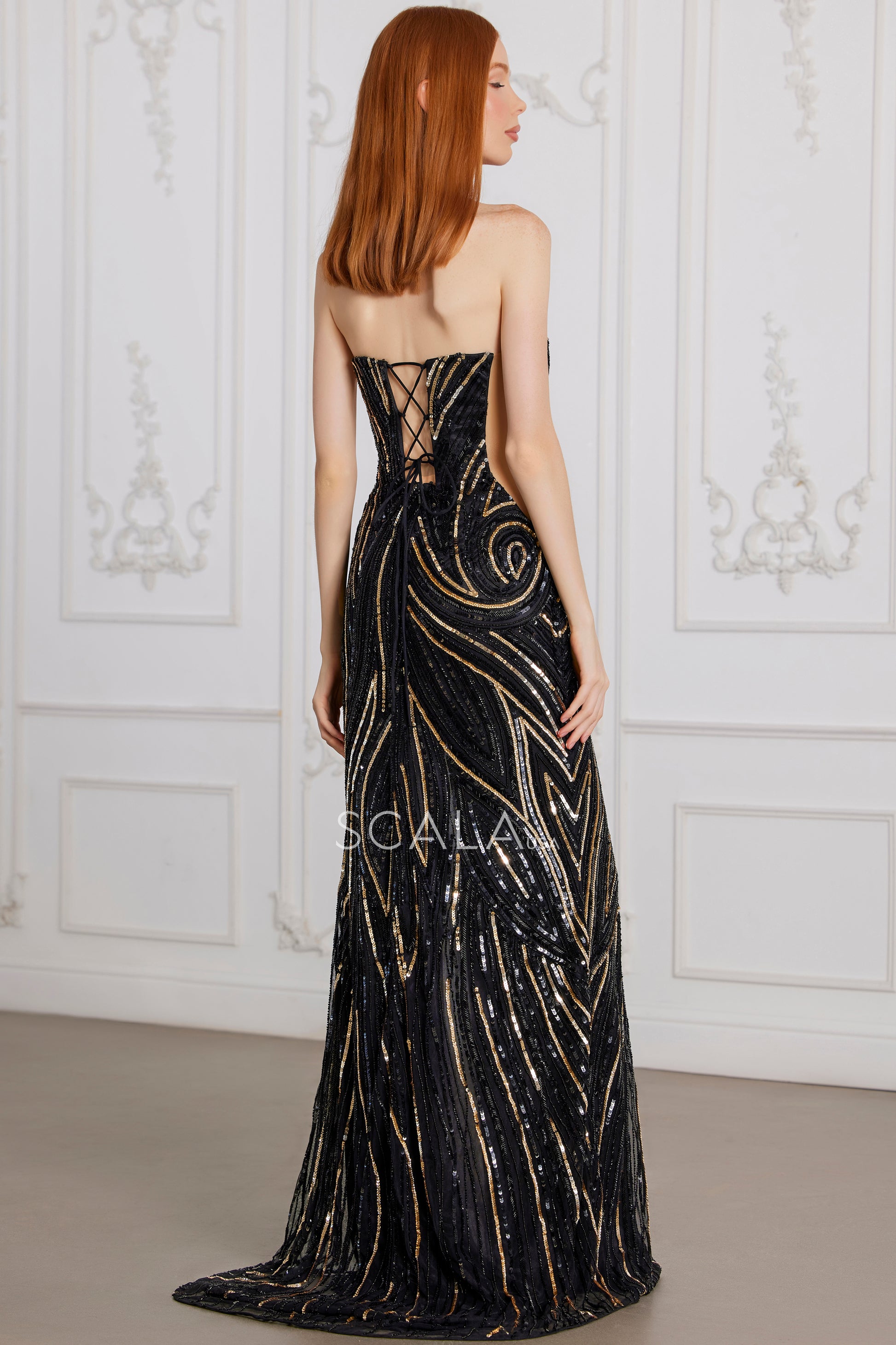 Scala 80123 Long Sequin Formal Beaded Slit Prom Dress