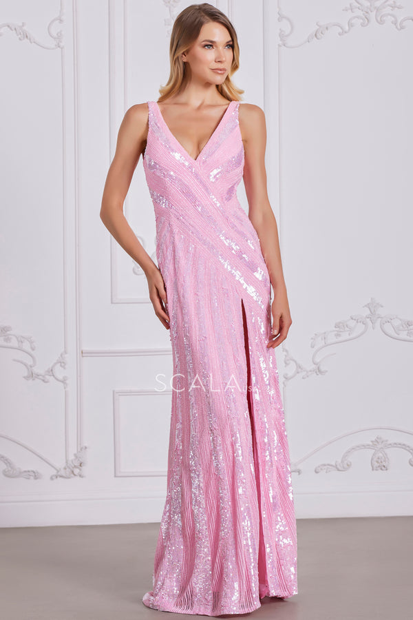Scala 80133 Prom Long Formal Striped Sequin Evening Dress