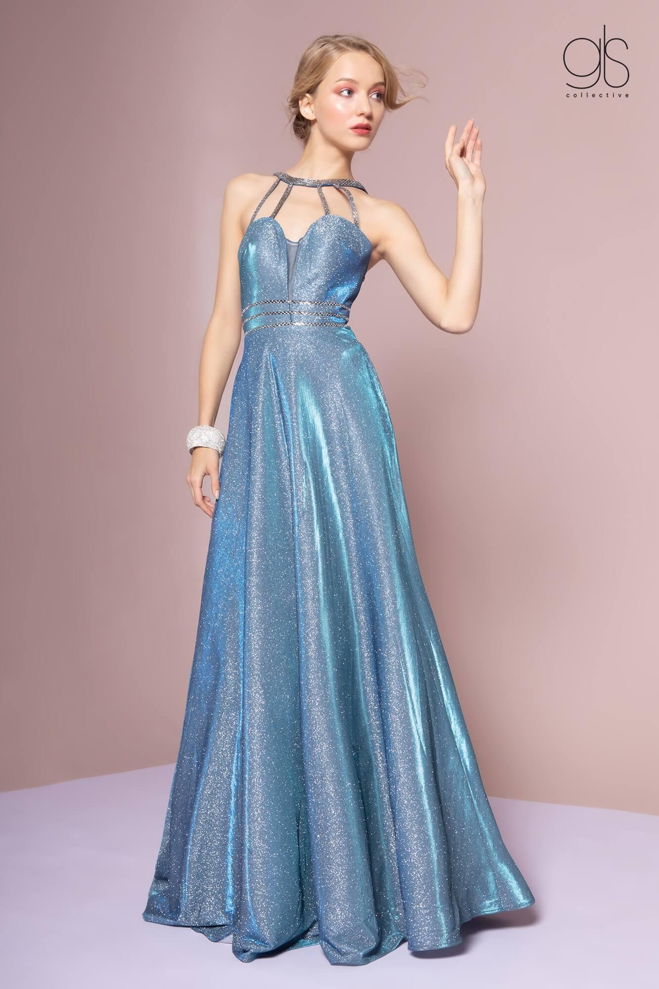 sexy metallic dresses Deep V-Neck Long Metallic Prom Dress with Sheer Sides Teal / 4