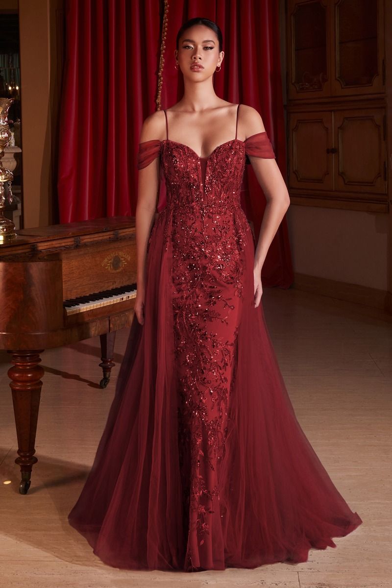 Embroidered-Lace Long Formal Dress with Overskirt Burgundy / 8 Embroidered-Lace Long Formal Dress with Overskirt Burgundy / 8