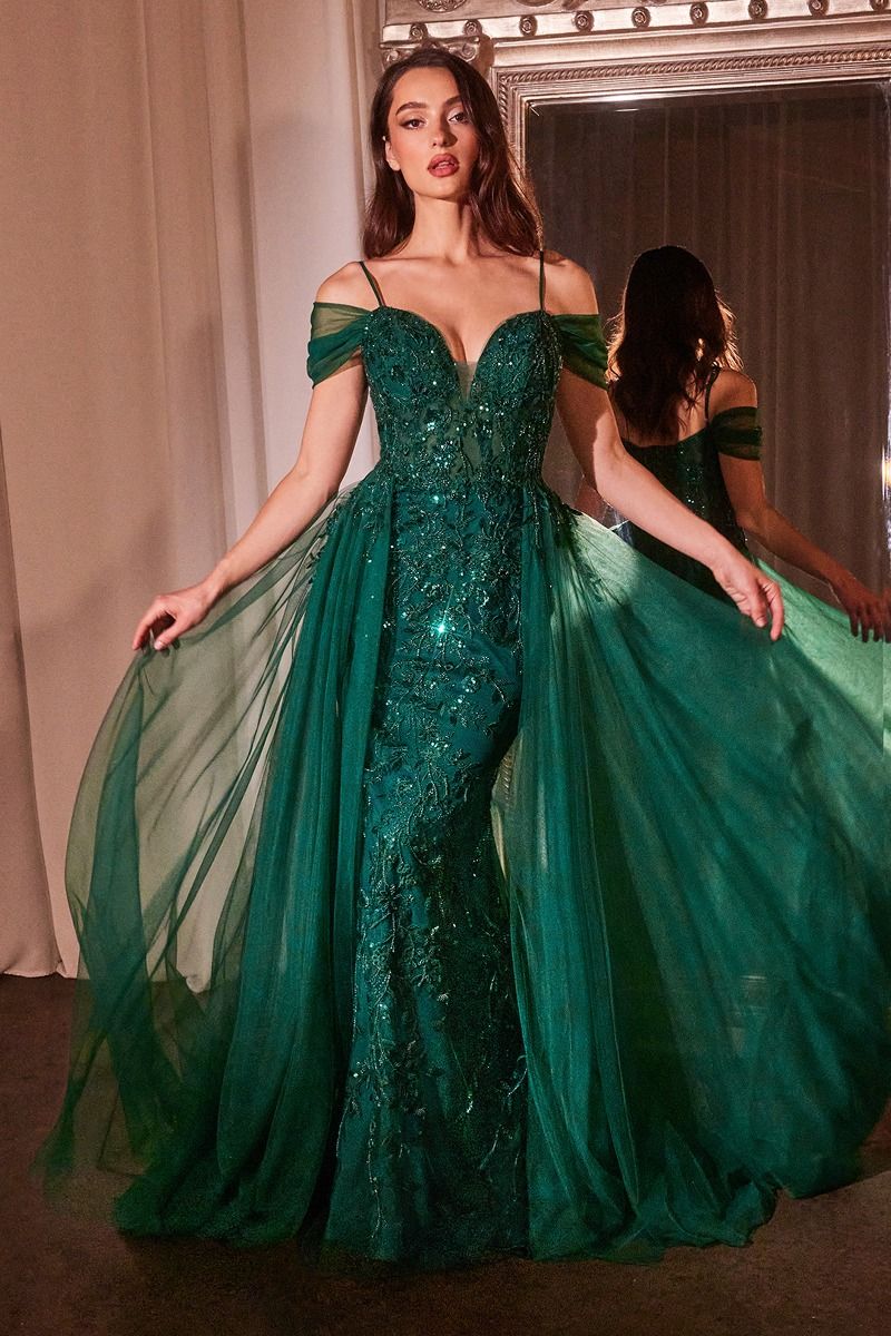 LaDivine SF009 Fitted Long Formal Sequin Overskirt Prom Gown