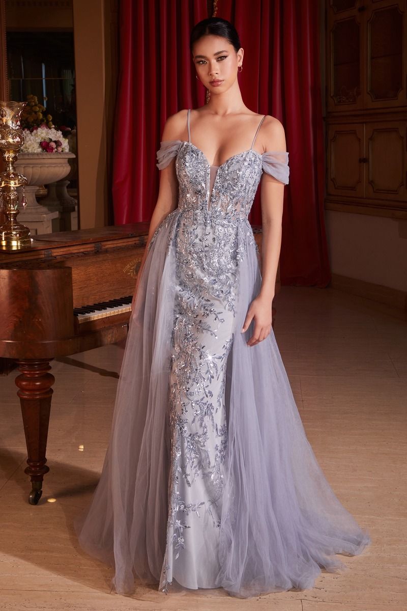 LaDivine SF009 Fitted Long Formal Sequin Overskirt Prom Gown