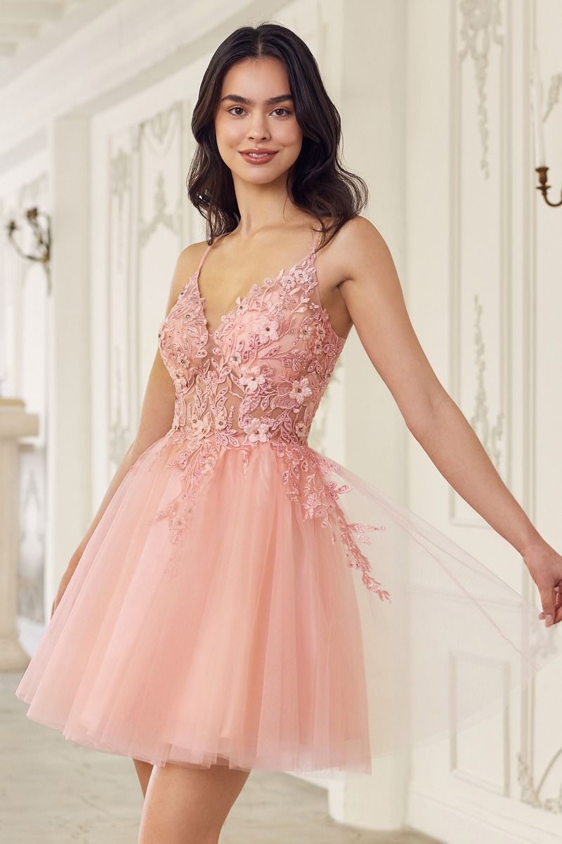 LaDivine SF047 Short Homecoming A Line Lace Cocktail Dress