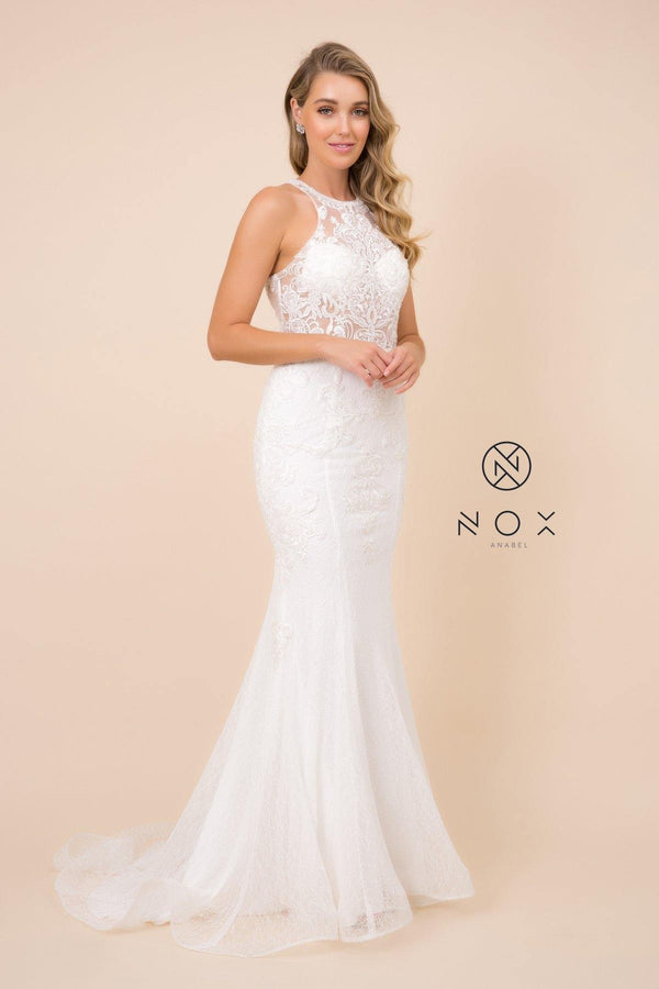 Sheer Lace Applique High Neck Wedding Dress