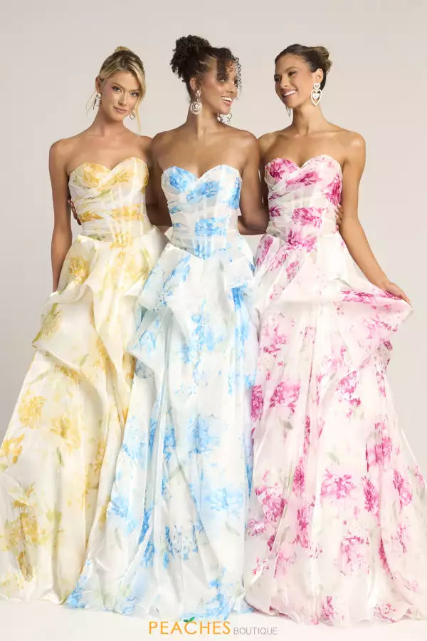 White/Lemon Sweetheart Floor-Length Organza Floral Prom Dress Ruched Corset Bodice Portia & Scarlett PS26083