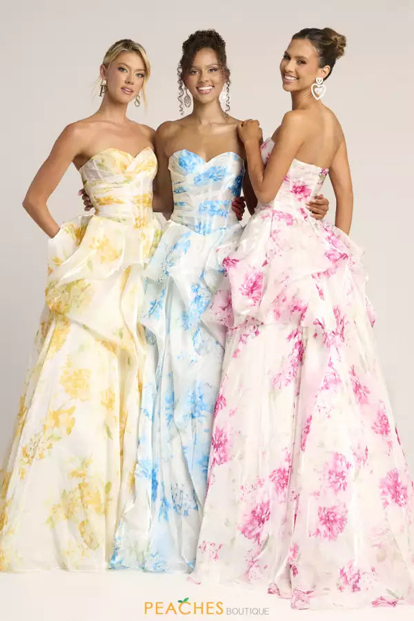 White/Lemon Sweetheart Floor-Length Organza Floral Prom Dress Ruched Corset Bodice Portia & Scarlett PS26083