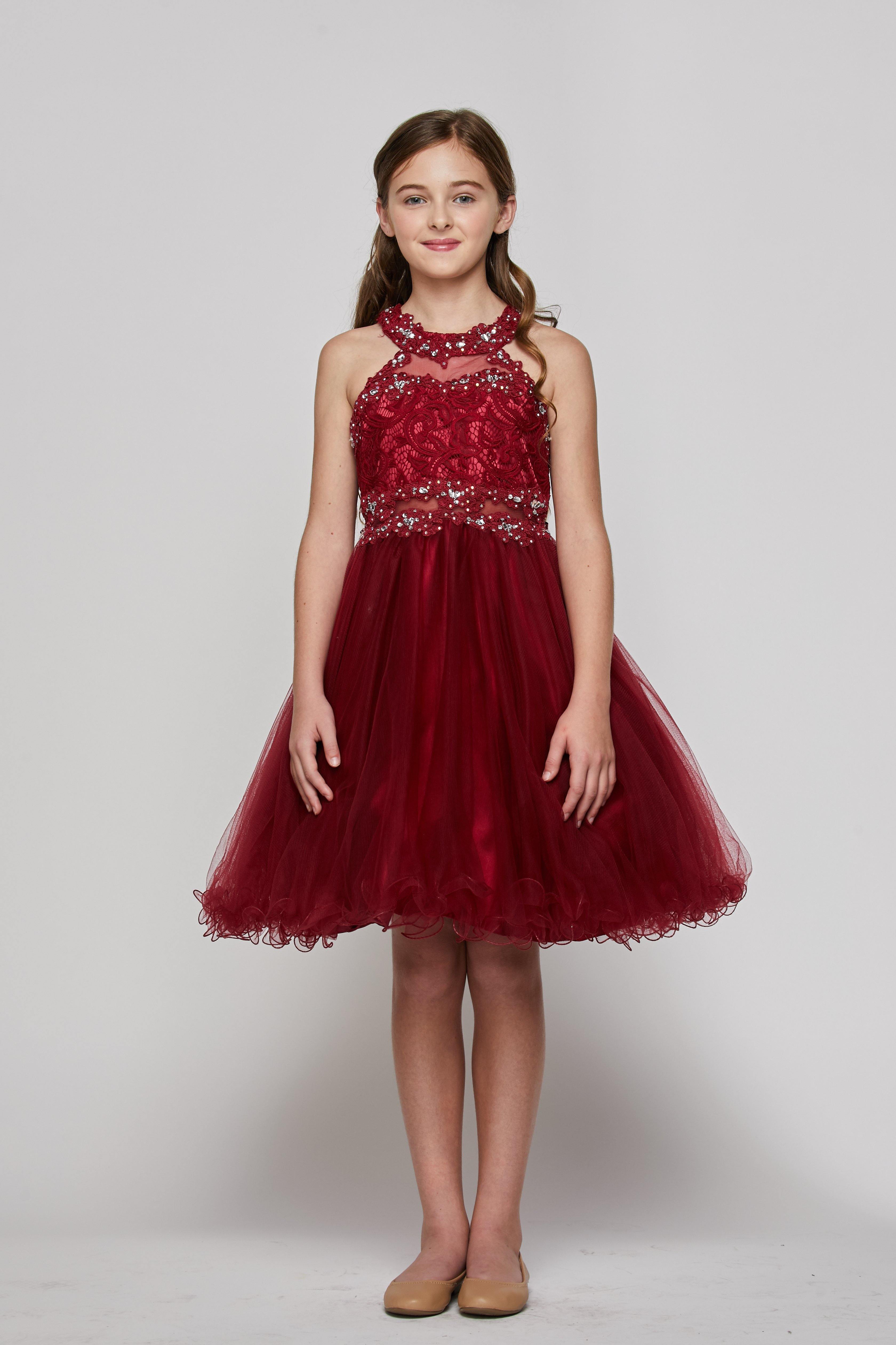 Short Beaded Dress Flower Girls - Burgundy / 4 Short Beaded Dress Flower Girls - Burgundy / 4