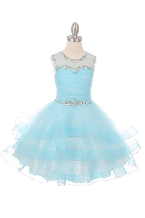 Short Beaded Illusion Neckline Flower Girl Dress - The Dress Outlet Cinderella Couture