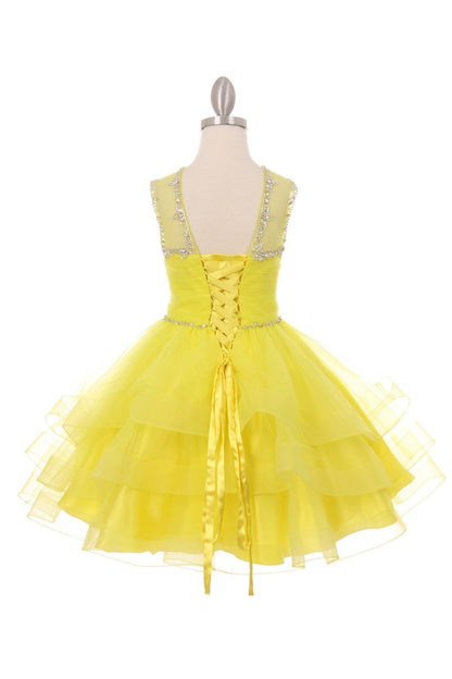 Short Beaded Illusion Neckline Flower Girl Dress - The Dress Outlet Cinderella Couture