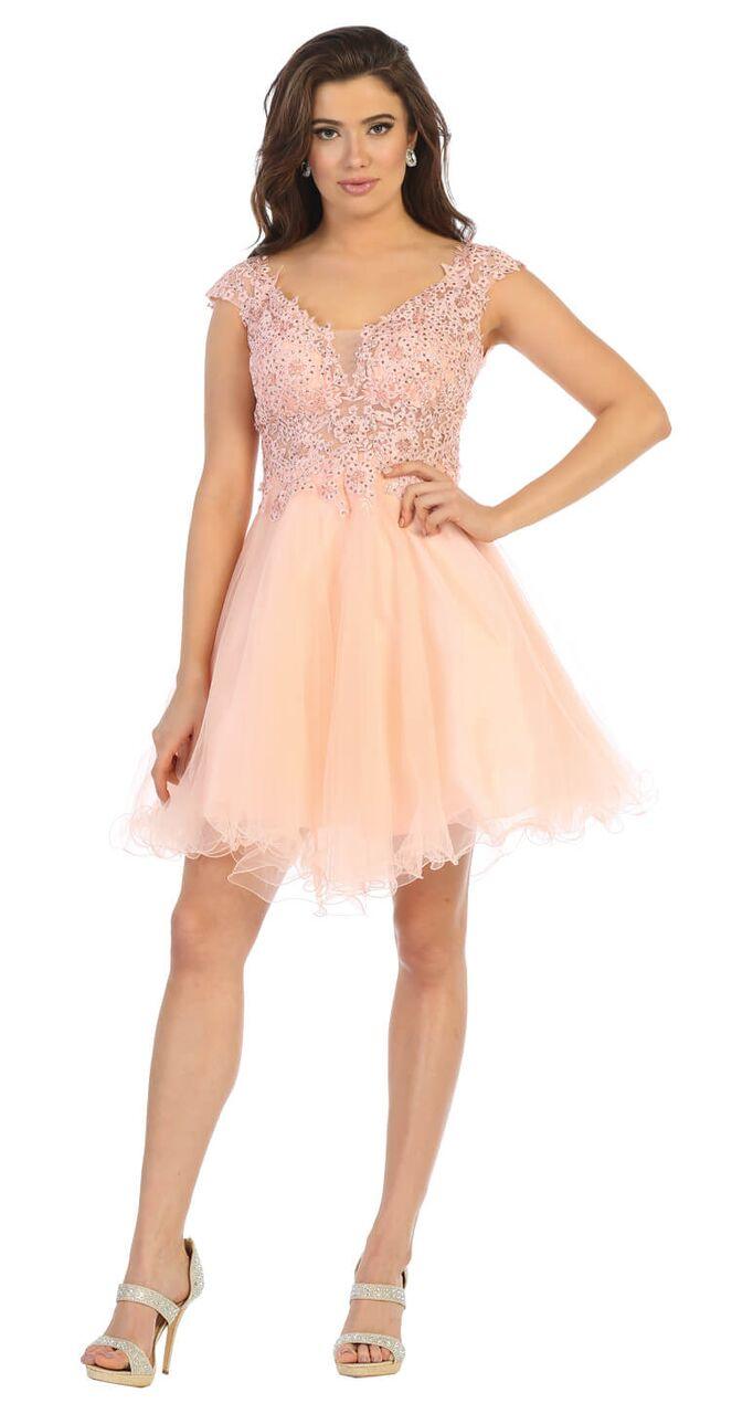 Short Cap Sleeve Plus Size Prom Homecoming Cocktail Dress - The Dress Outlet May Queen