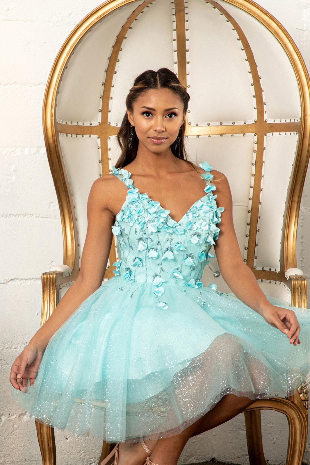 Short Cocktail Glitter Mesh Floral Homecoming Dress