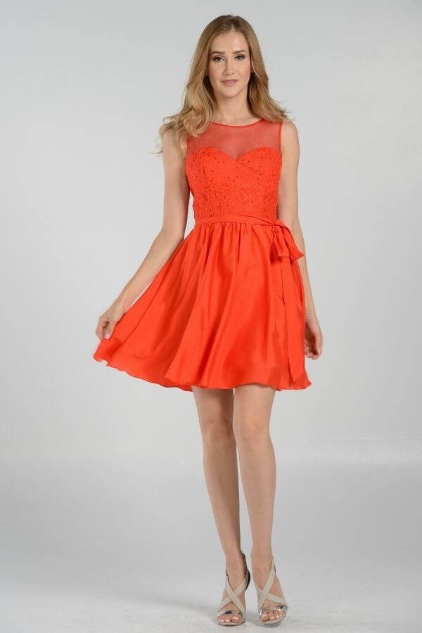 Red Illusion Scoop Neck Mini Chiffon Cocktail Dress Lace Bodice Poly USA 7500
