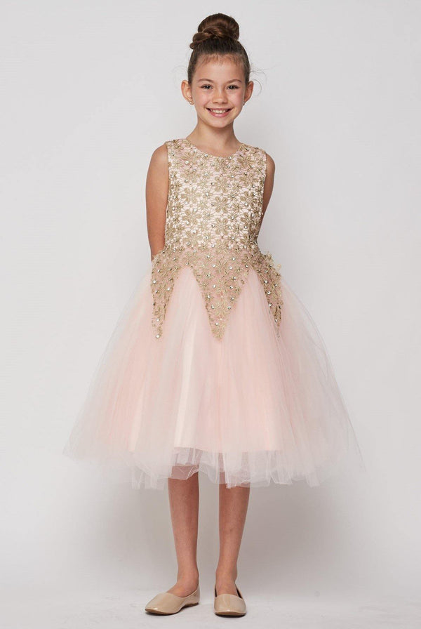 Short Gold Embroidered Gown Flower Girls Dress