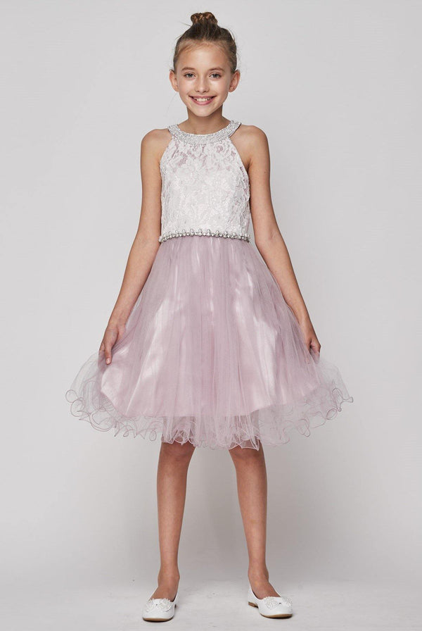 Short Halter Style Lace and Rhinestone Flower Girl Dress