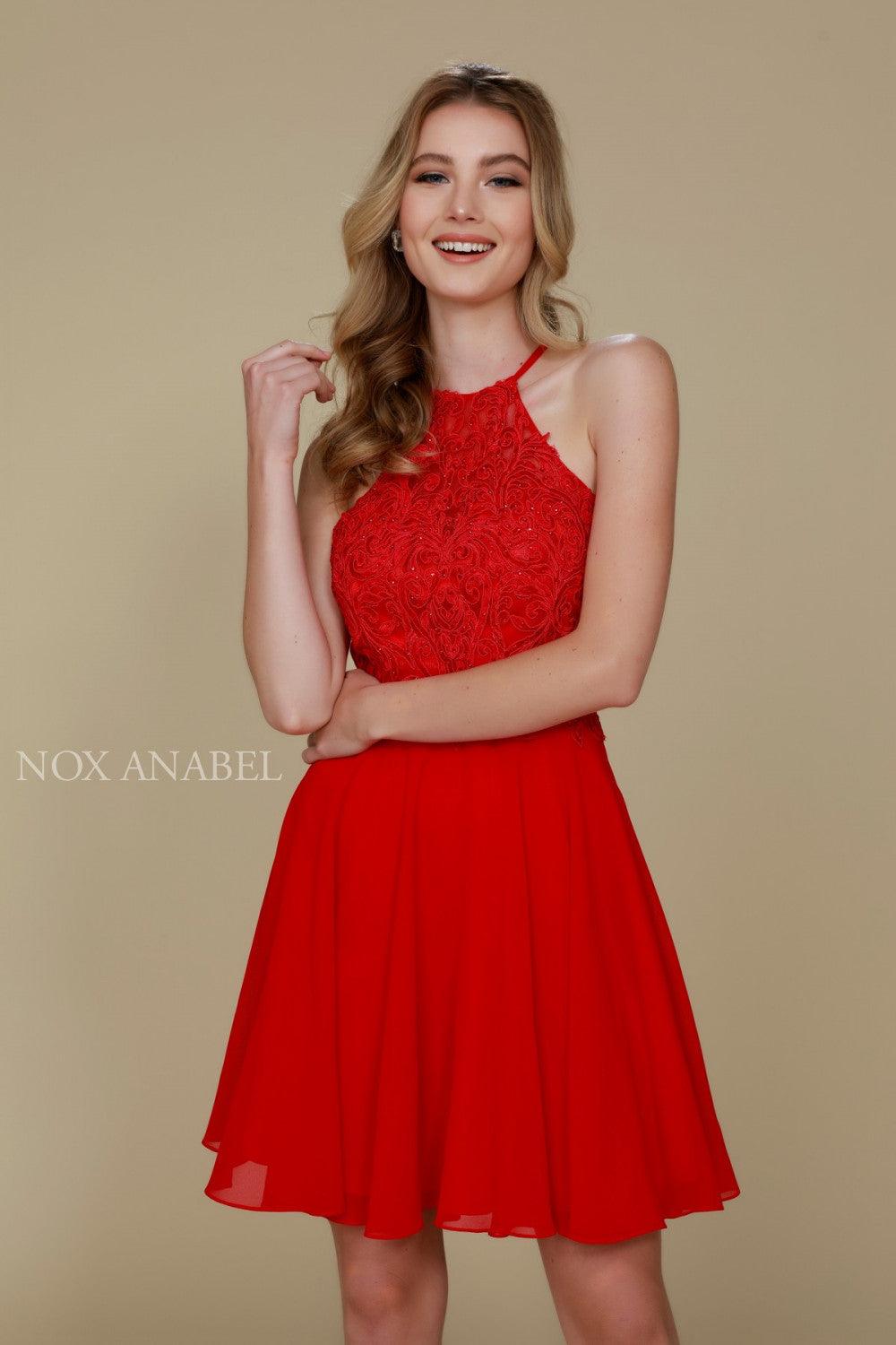Short High Neck Embroidered Homecoming Cocktail Dress - The Dress Outlet Nox Anabel