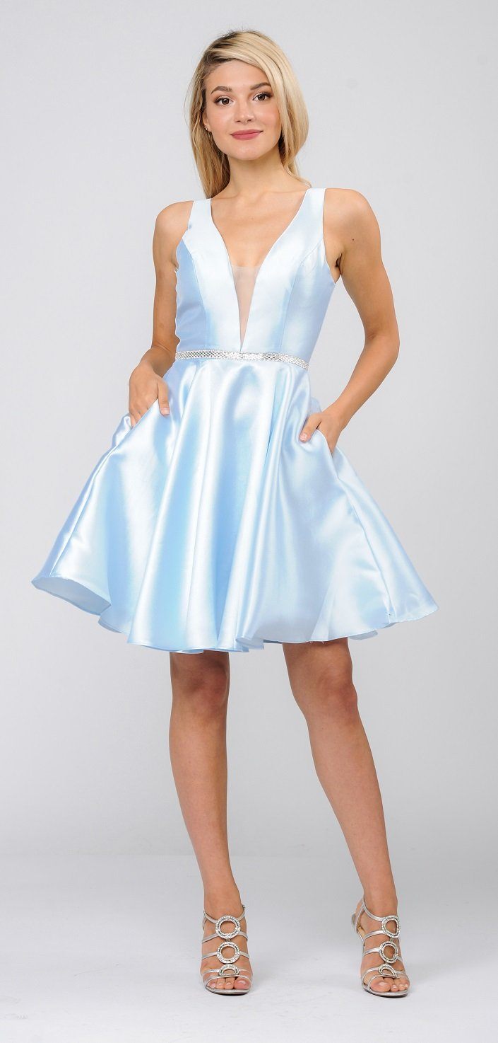 Blue Plunging V-Neck Mini Satin Homecoming Dress Rhinestone Belt Poly USA 7894