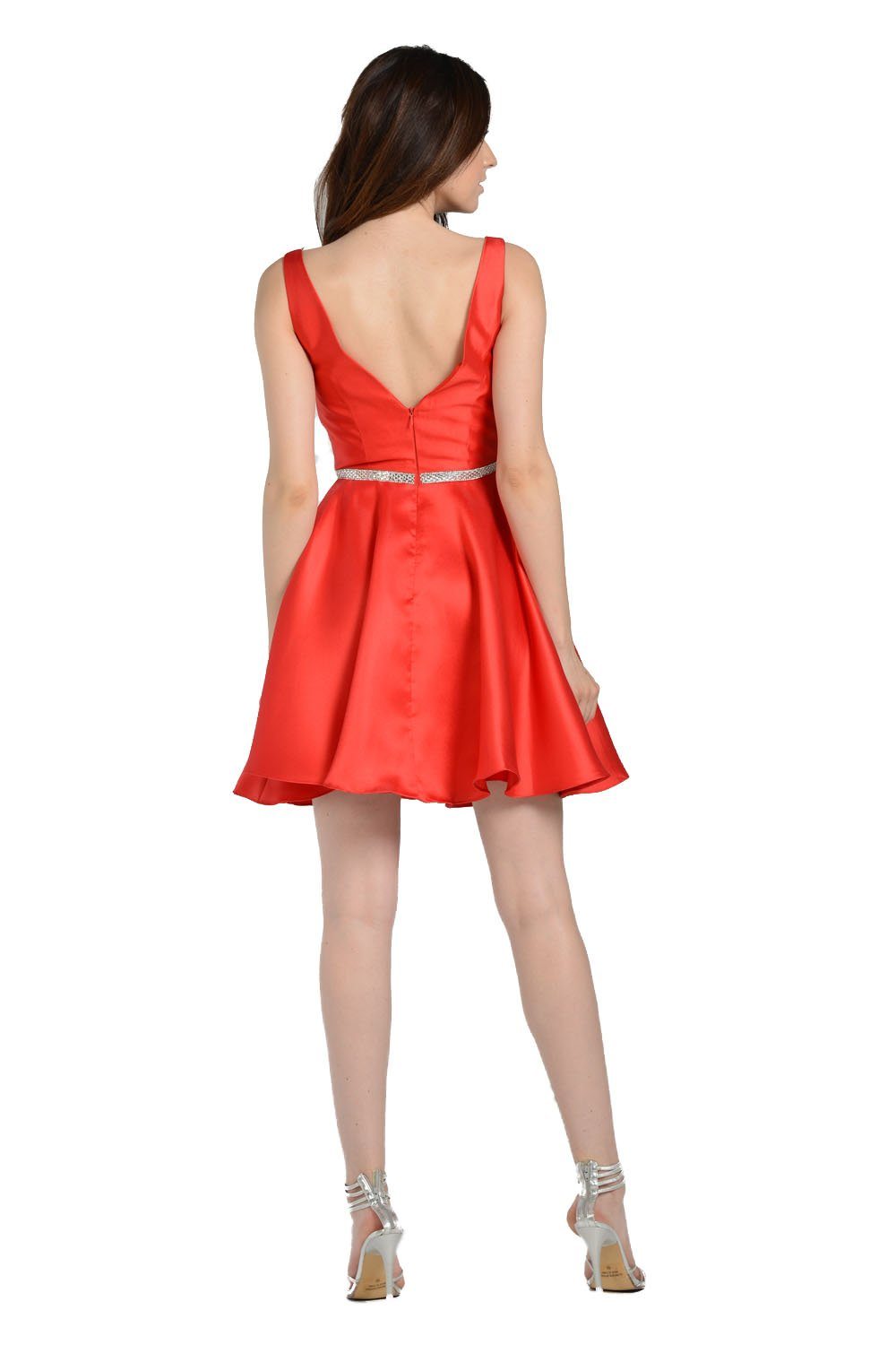 Red Plunging V-Neck Mini Satin Homecoming Dress Rhinestone Belt Poly USA 7894