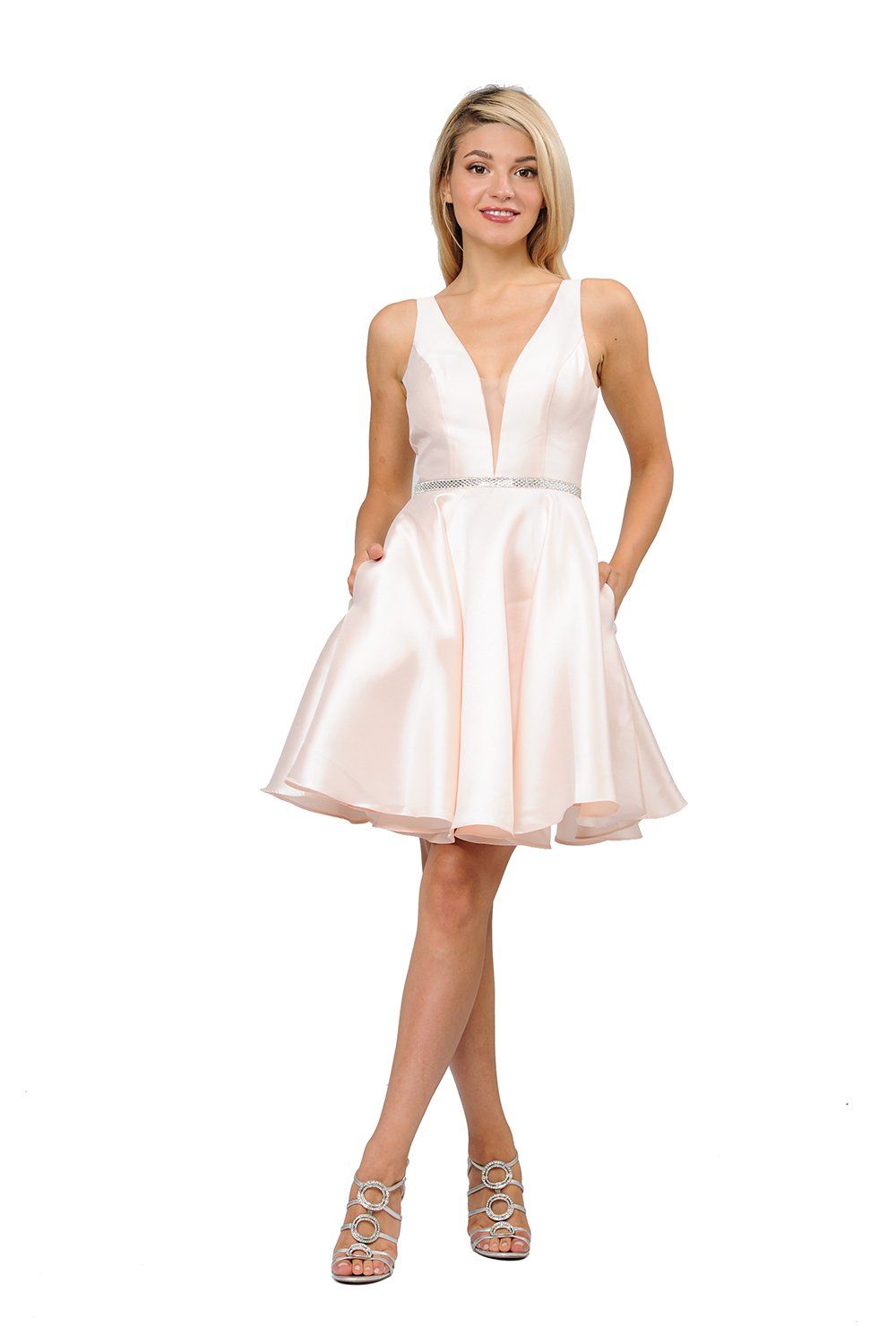 Light Champagne Plunging V-Neck Mini Satin Homecoming Dress Rhinestone Belt Poly USA 7894