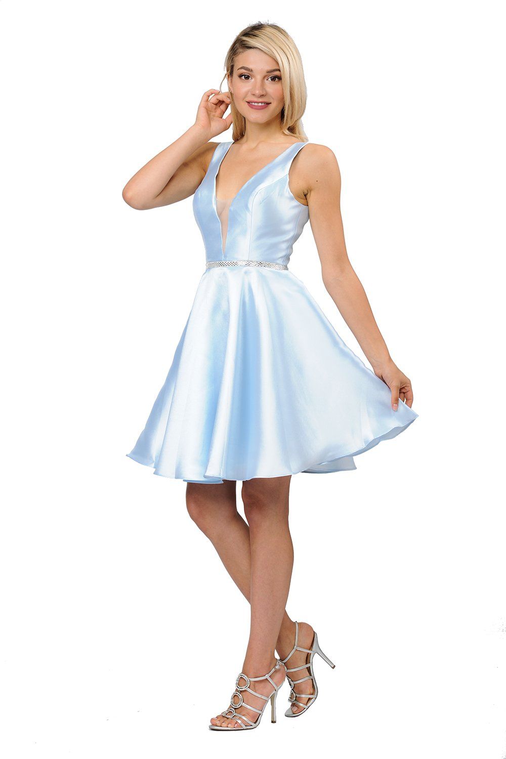 Blue Plunging V-Neck Mini Satin Homecoming Dress Rhinestone Belt Poly USA 7894